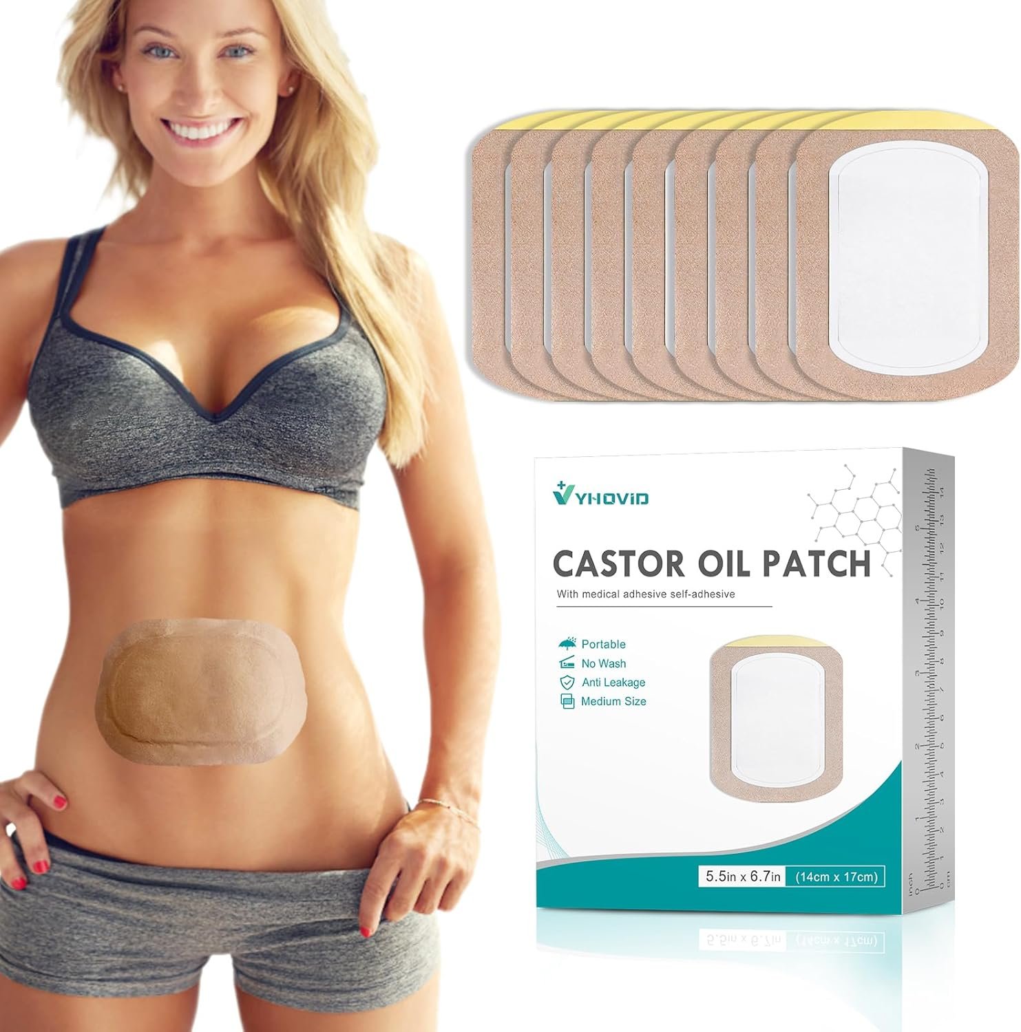 20Pcs Castor Oil Pack Wrap, Organic Cotton Castor Oil Pack, Disposable Castor Oil Patches, Portable Self-Adhesive Anti Leakage No Wash Caster Oil Wrap Pad Kit (Patented Product)