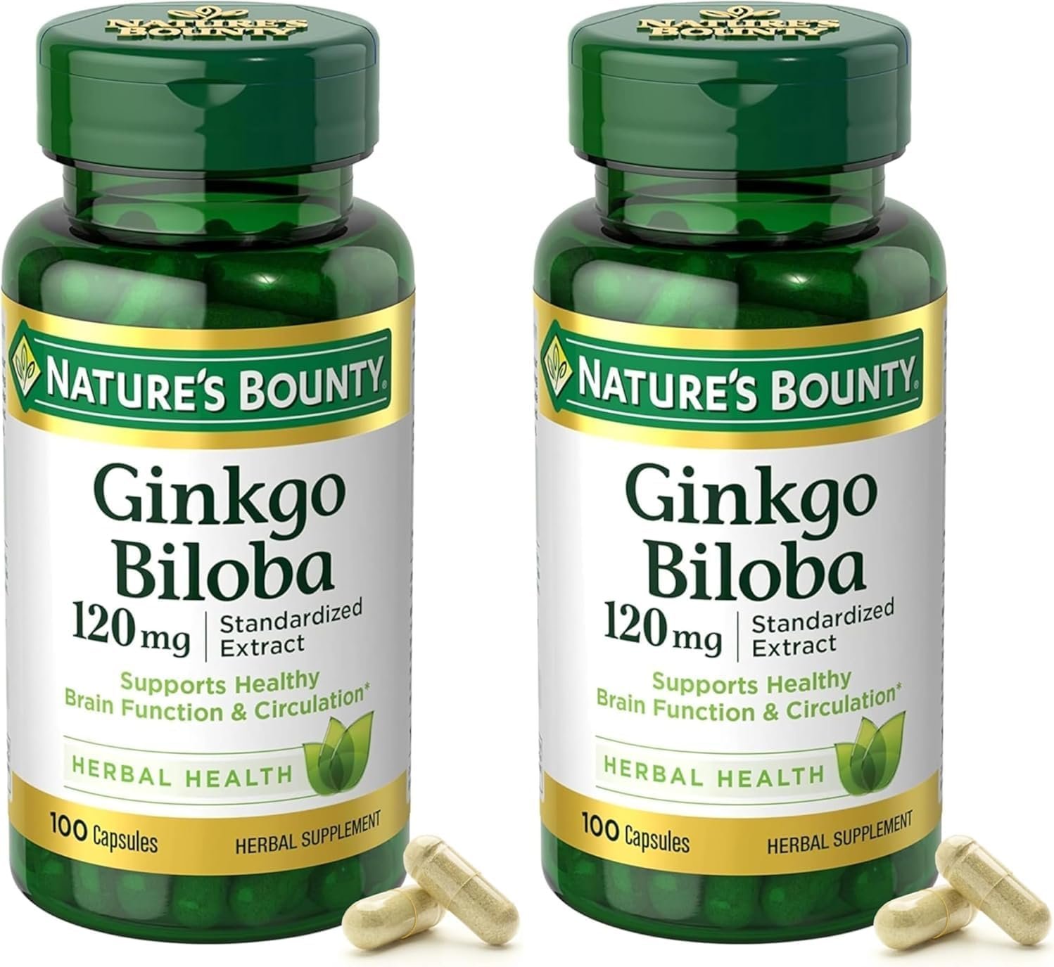 Nature’s Bounty Ginkgo Biloba Standardized Extract 120 mg, Herbal Bottles, Capsule, 100 Count, Pack of 2