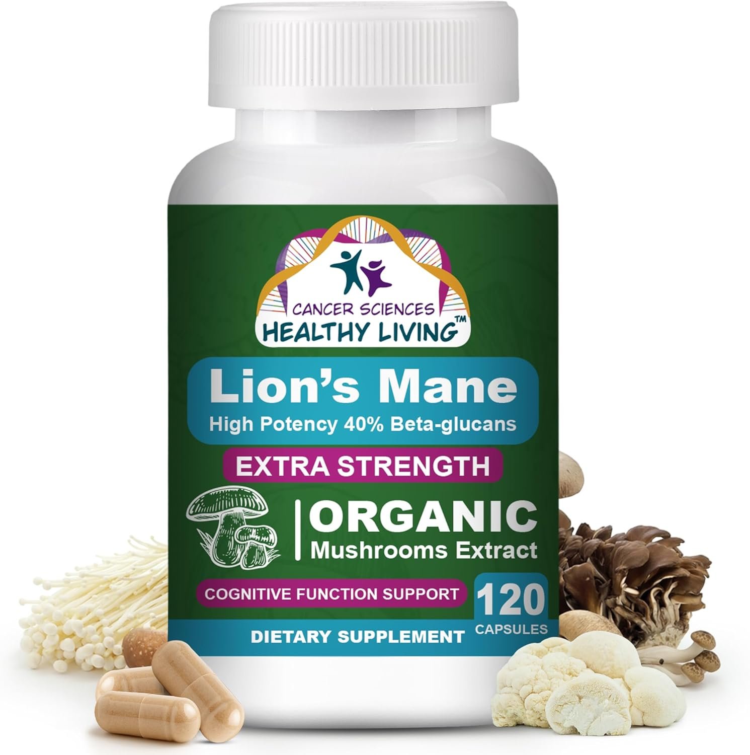 Cancer Sciences Organic Lions Mane Mushroom Supplement Capsules for Men & Women – 1,500mg Brain Supplements for Memory & Focus – High Potency 40% Beta-Glucans – Nootropic Mushroom Complex, 120 Count