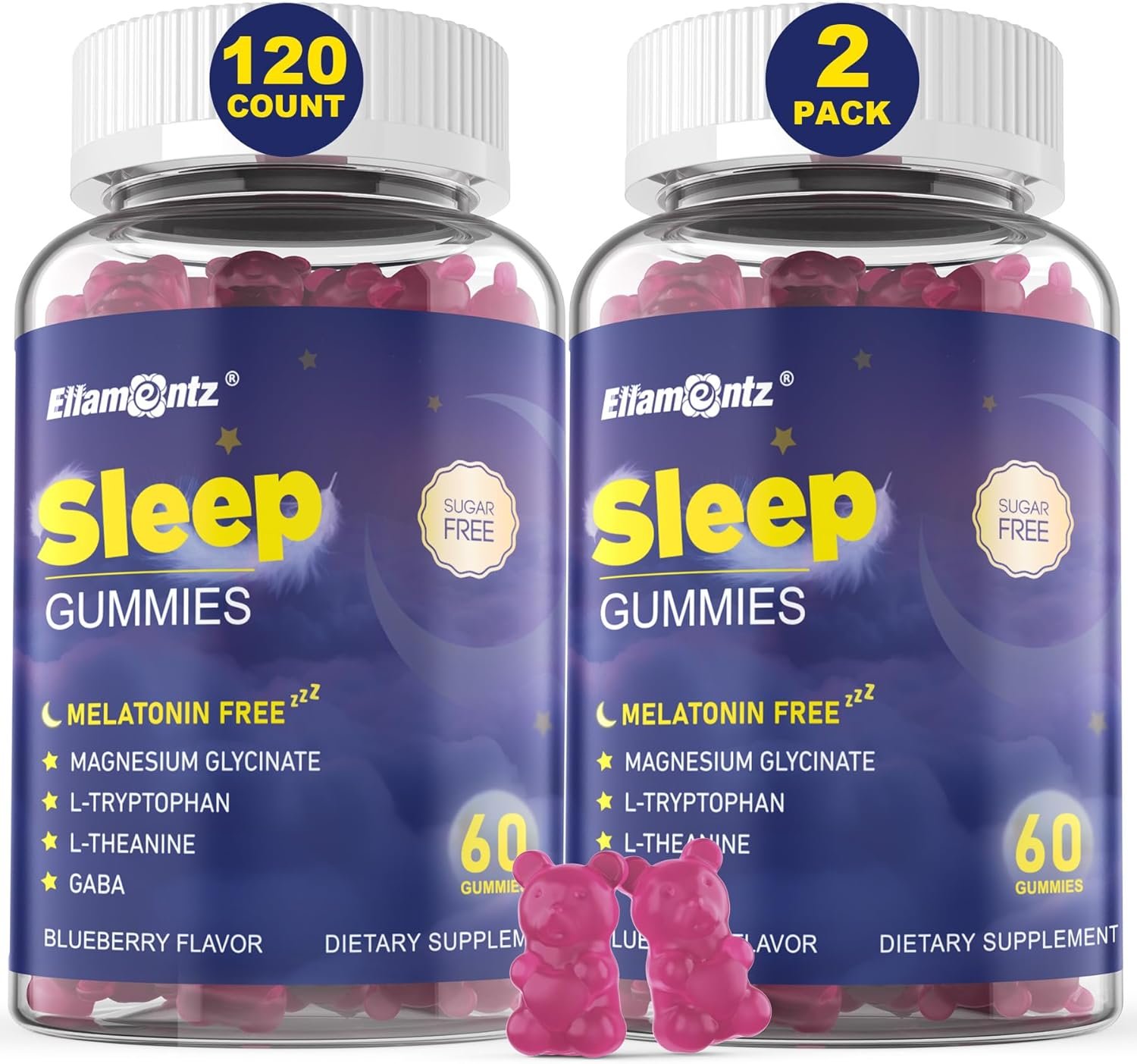 Sleep Gummies No Melatonin, Sleep Aid for Adults with Magnesium Glycinate, Melatonin Free Calm Sleeping Gummy Supplement with L-Tryptophan, L-Theanine, GABA, Ashwagandha, Valerian – Sugar Free, 120ct