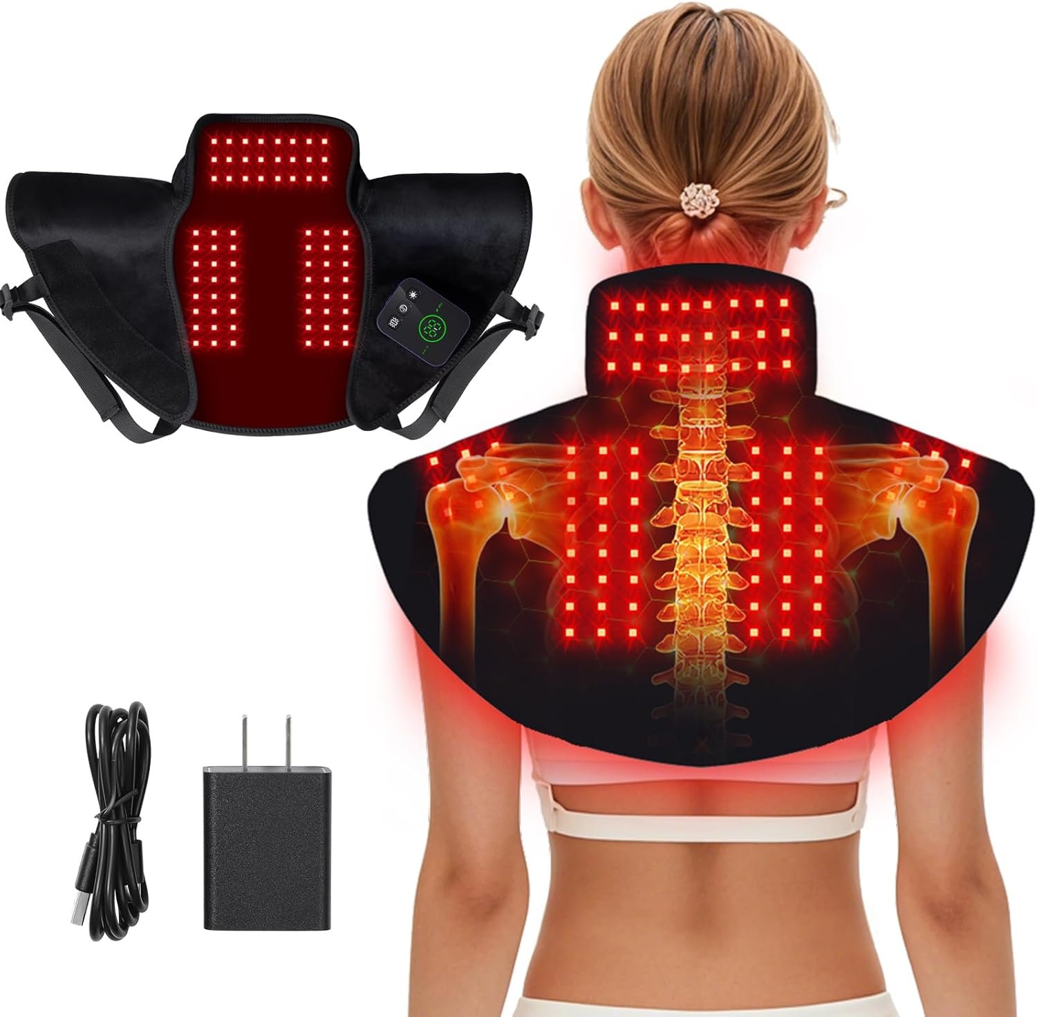 Red Light Therapy for Neck Shoulder Pain Relief,Infrared Light Therapy Device with Massage and Timer,Wearable 660nm&850nm Red Light Therapy Wrap Pads for Home Use
