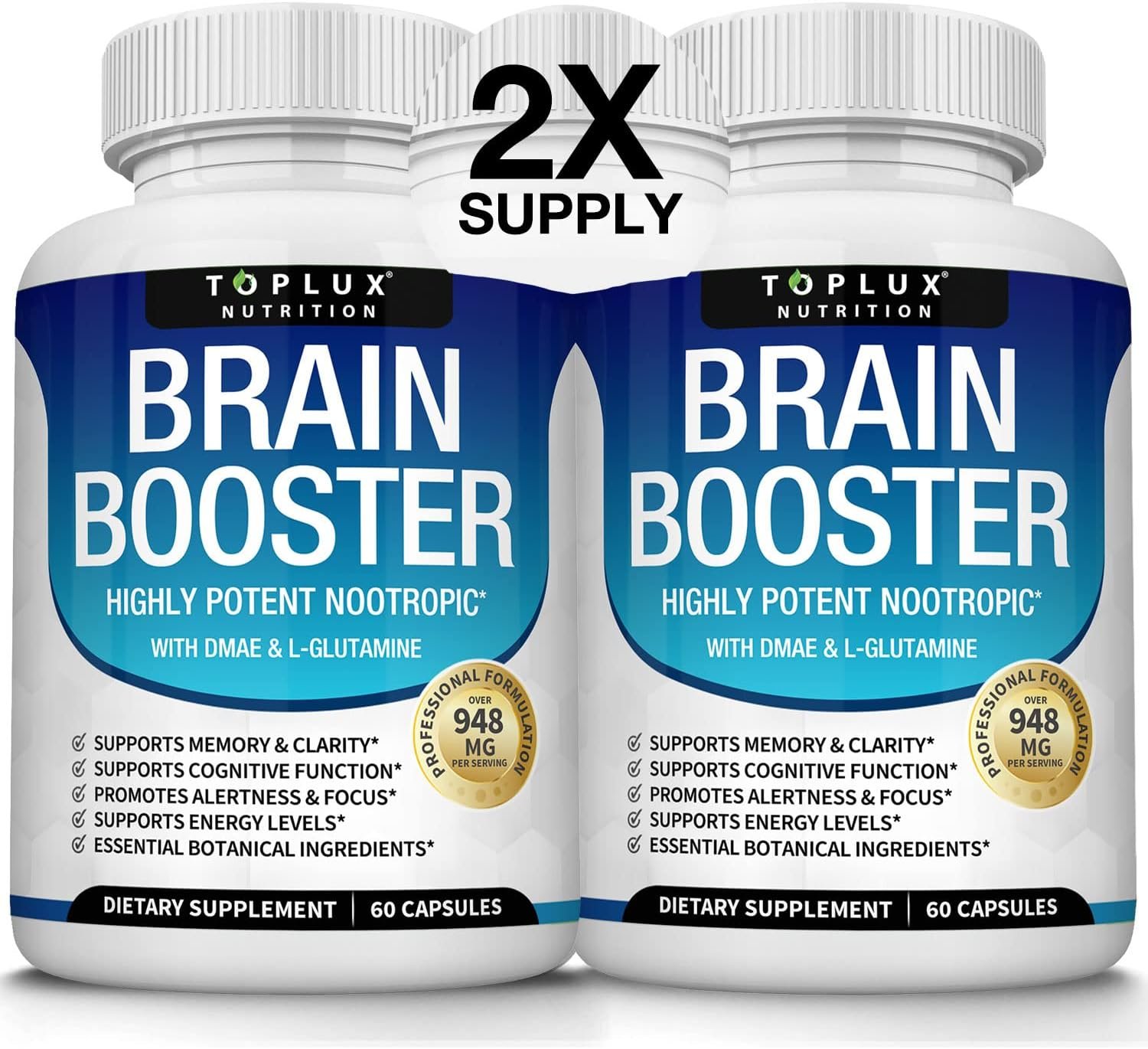 Toplux Brain Supplement Nootropic – Brain Pills Vitamin with DMAE, Bacopa Monnieri, L-Gutamine, for Men Women, 60 Capsules, Nutrition