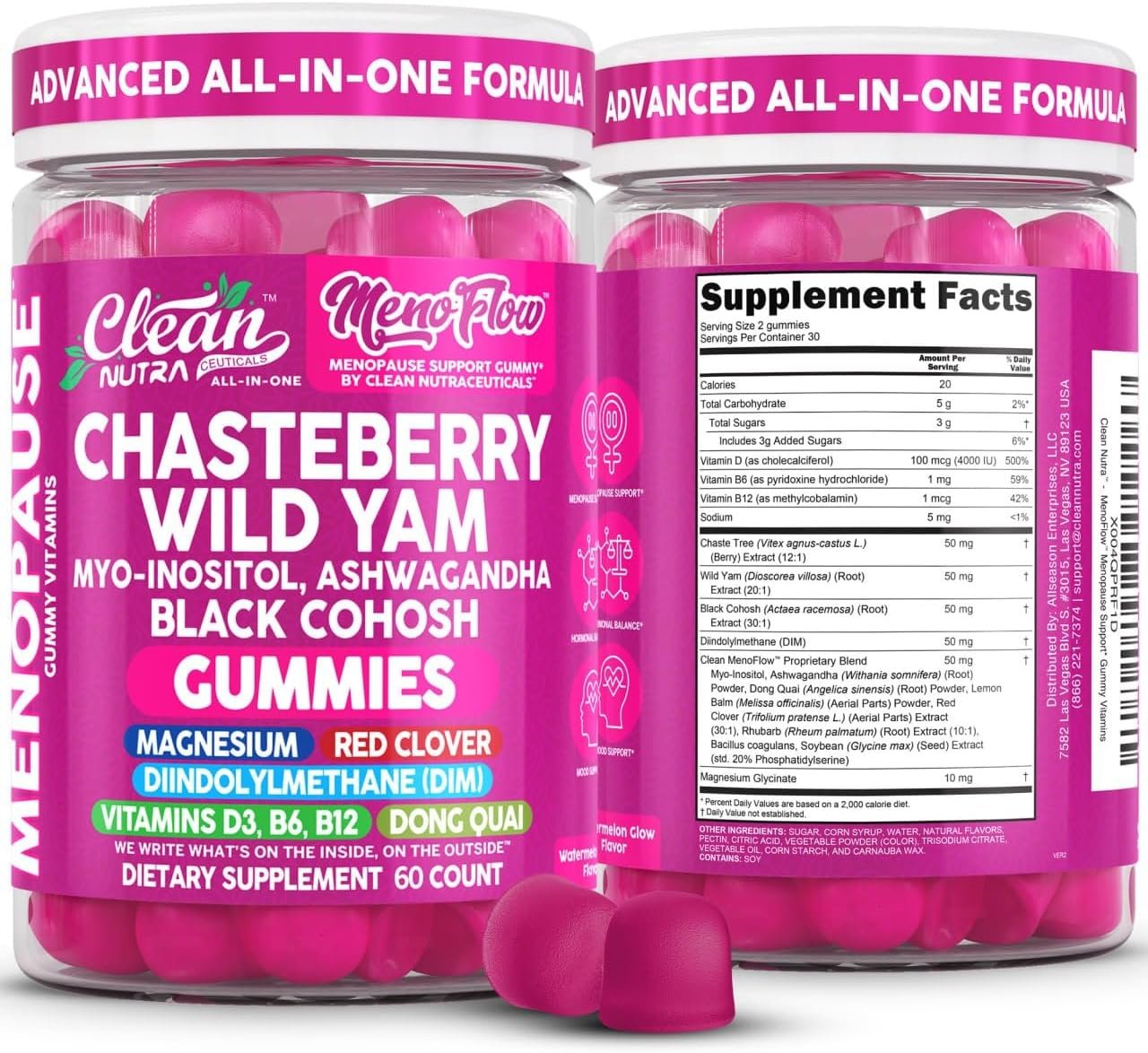 Clean Nutra Menopause Supplements for Women Chastberry Wild Yam Gummies Inositol Black Cohosh Magnesium Red Clover DIM Supplement B6 Magnesium Glycinate Glycine Vitex Hormone Balance Gummy Vitamins