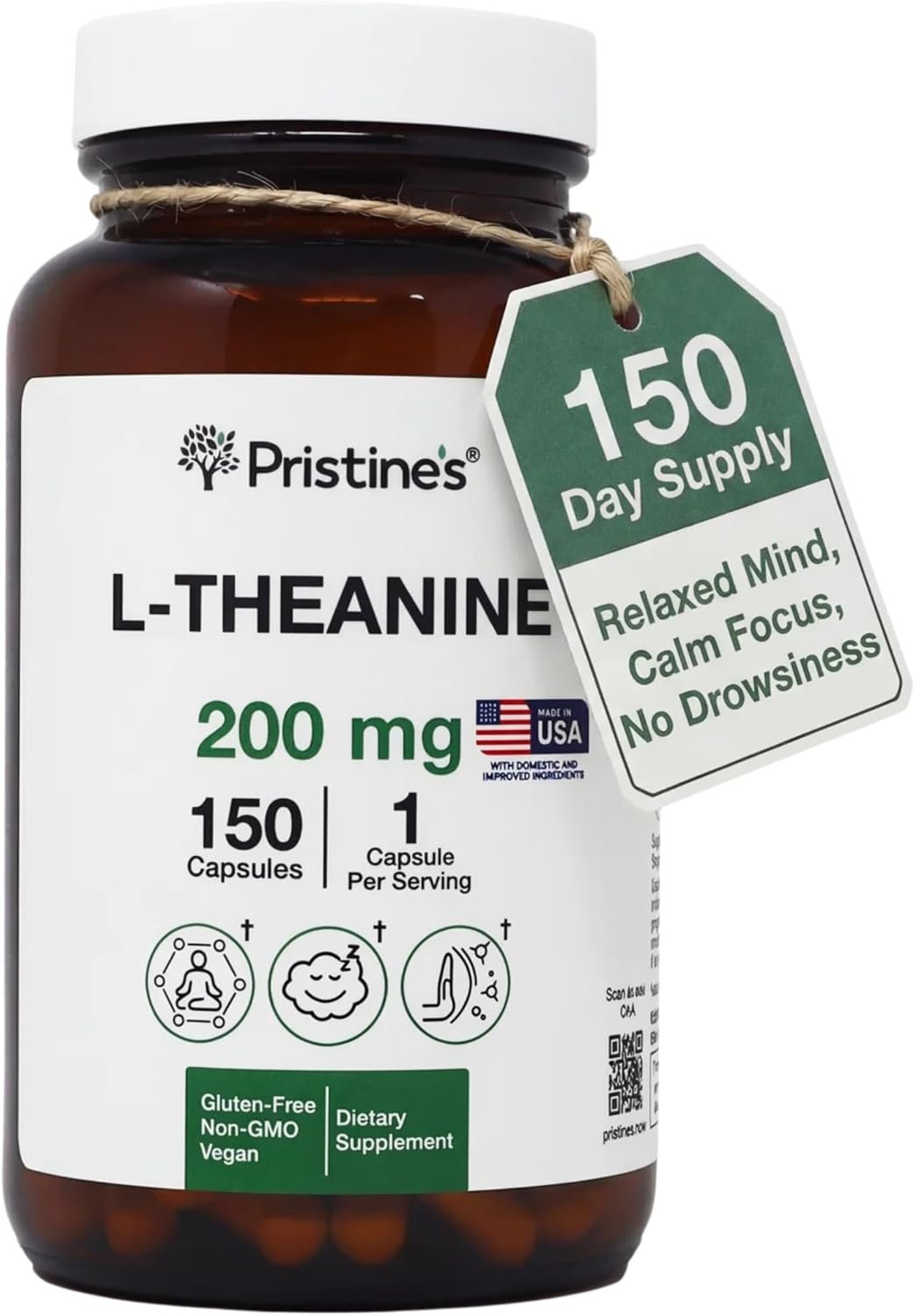 PRISTINE’S L Theanine 200mg Supplement Capsules – 3rd Party Tested Non GMO -150 Day Supply – Relaxation & Sleep Quality Support Capsules – Vegan, cGMP Facility & Gluten Free Glass Bottles