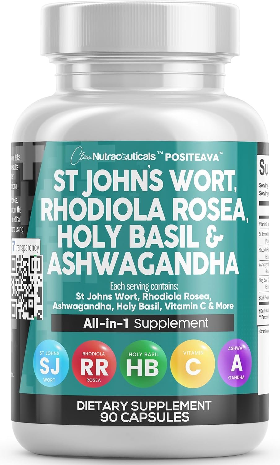 Clean Nutraceuticals St Johns Wort Rhodiola Rosea Holy Basil Ashwagandha – Mood Support for Women and Men with Vitamin C & Black Pepper Extract – 90 Caps
