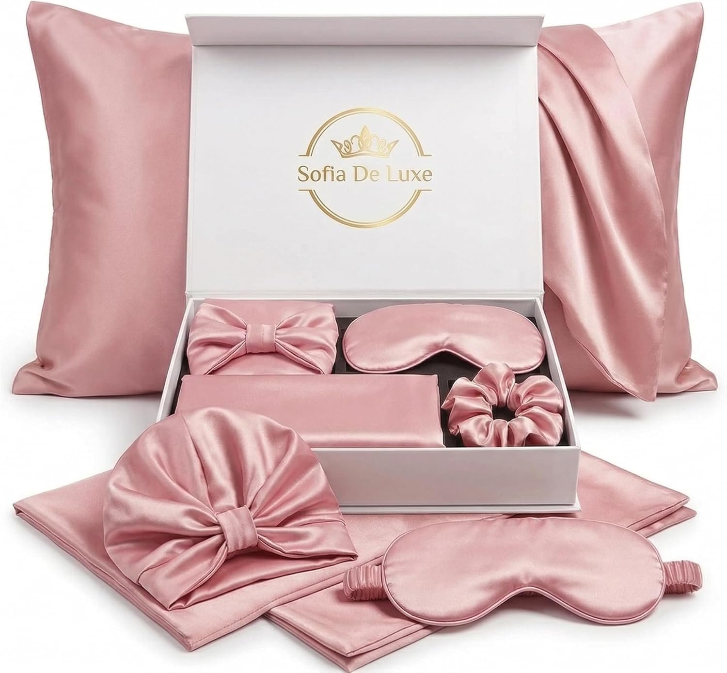 4-Piece Satin Sleep Set Gift Box for Women – Includes Hair Bonnet, Eye Mask, Pillowcase & Scrunchie – Luxury Self Care, Bridesmaid & Mom Gifts – Pink