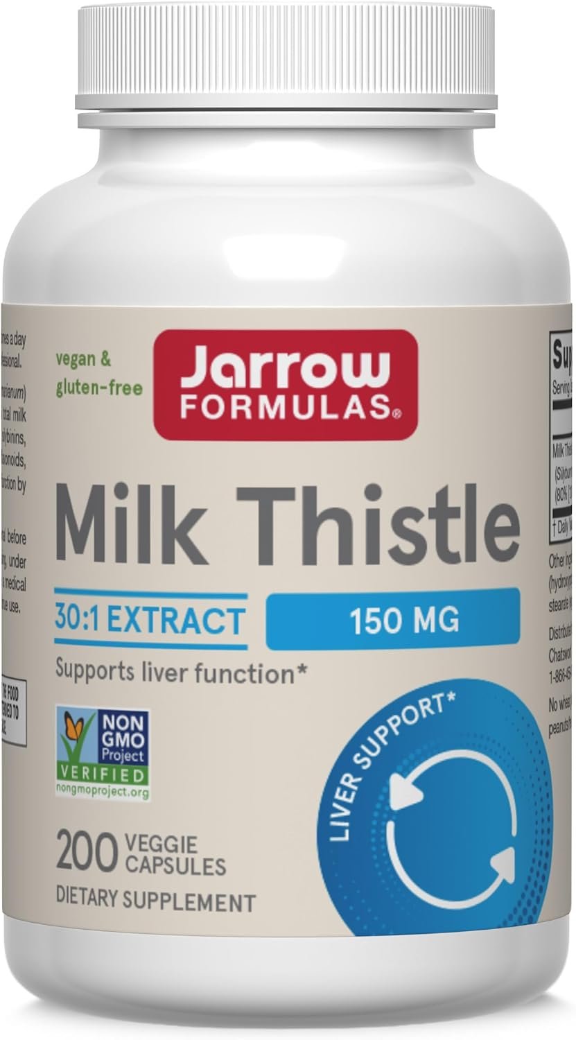Jarrow Formulas Milk Thistle Supplement 150 mg. 30:1 Milk Thistle Extract Standardized to 80% Total Flavonoids, Dietary Supplement for Liver Function Support, 200 Veggie Capsules, Up to 200 Day Supply