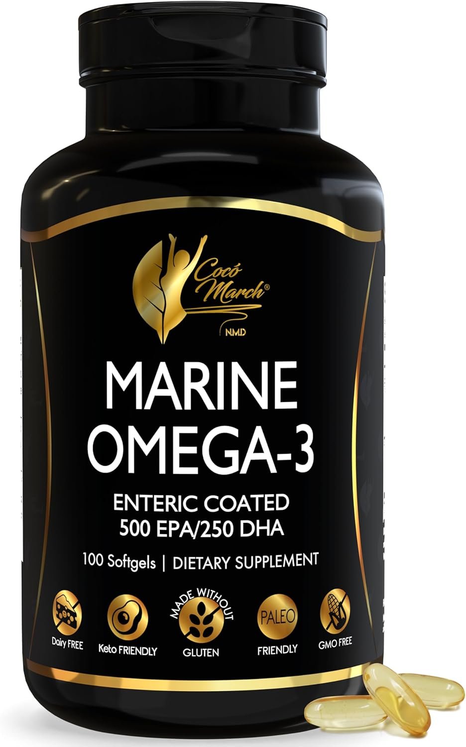 Cocó March N.M.D Marine Omega-3 Fish Oil – High Potency Omega 3 Supplement with 500 mg EPA & 250 mg DHA – Enteric Coated, No Fishy Burps & Aftertaste – Omega-3 Fish Oil for Women & Men, 3-Month Supply