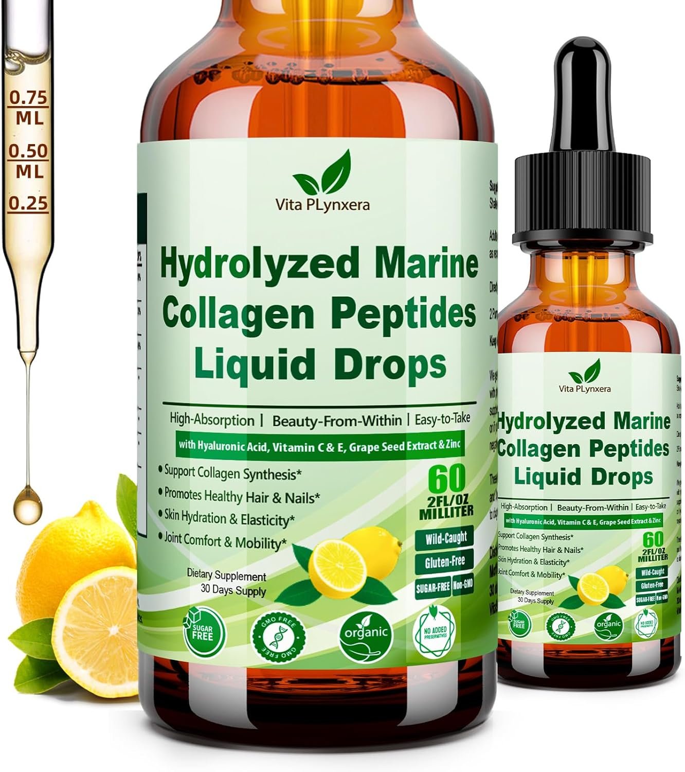 Marine Collagen Peptides Liquid Drops, Hydrolyzed Multi Type I & III Collagen w. Vitamin C E Grape Seed Extract for Joint, Skin, Hair & Nail, Liquid Collagen High Absorption for Women Men, Wild-Caught