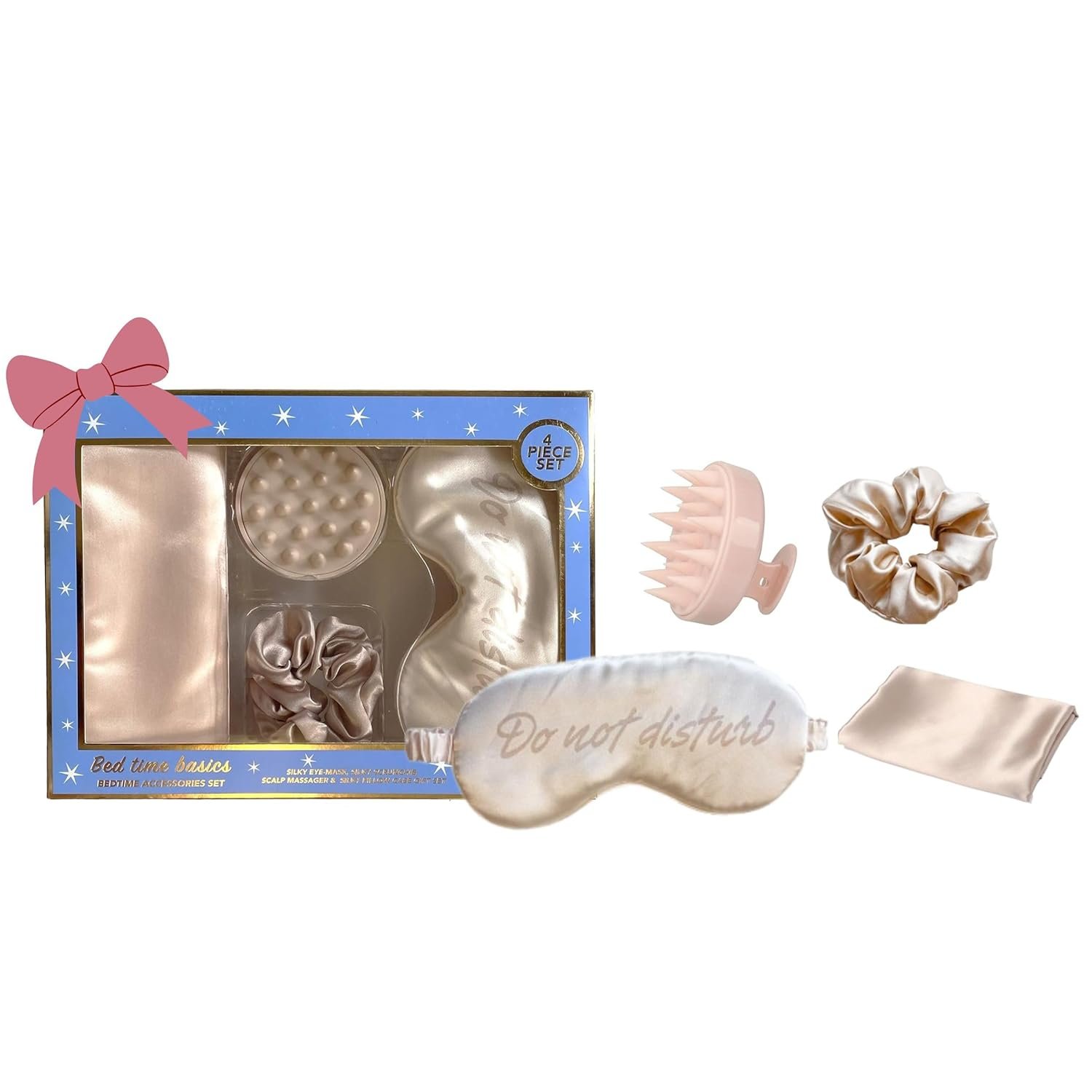 Holler And Glow Bedtime Basics Accessories Mother’s Day Set, Limited Edition, Sleep Eye Mask, Silk Scrunchie, Hair Growth Scalp Massager, Satin Pillowcase, Beauty Sleep For Women, 4 Piece Gift Set