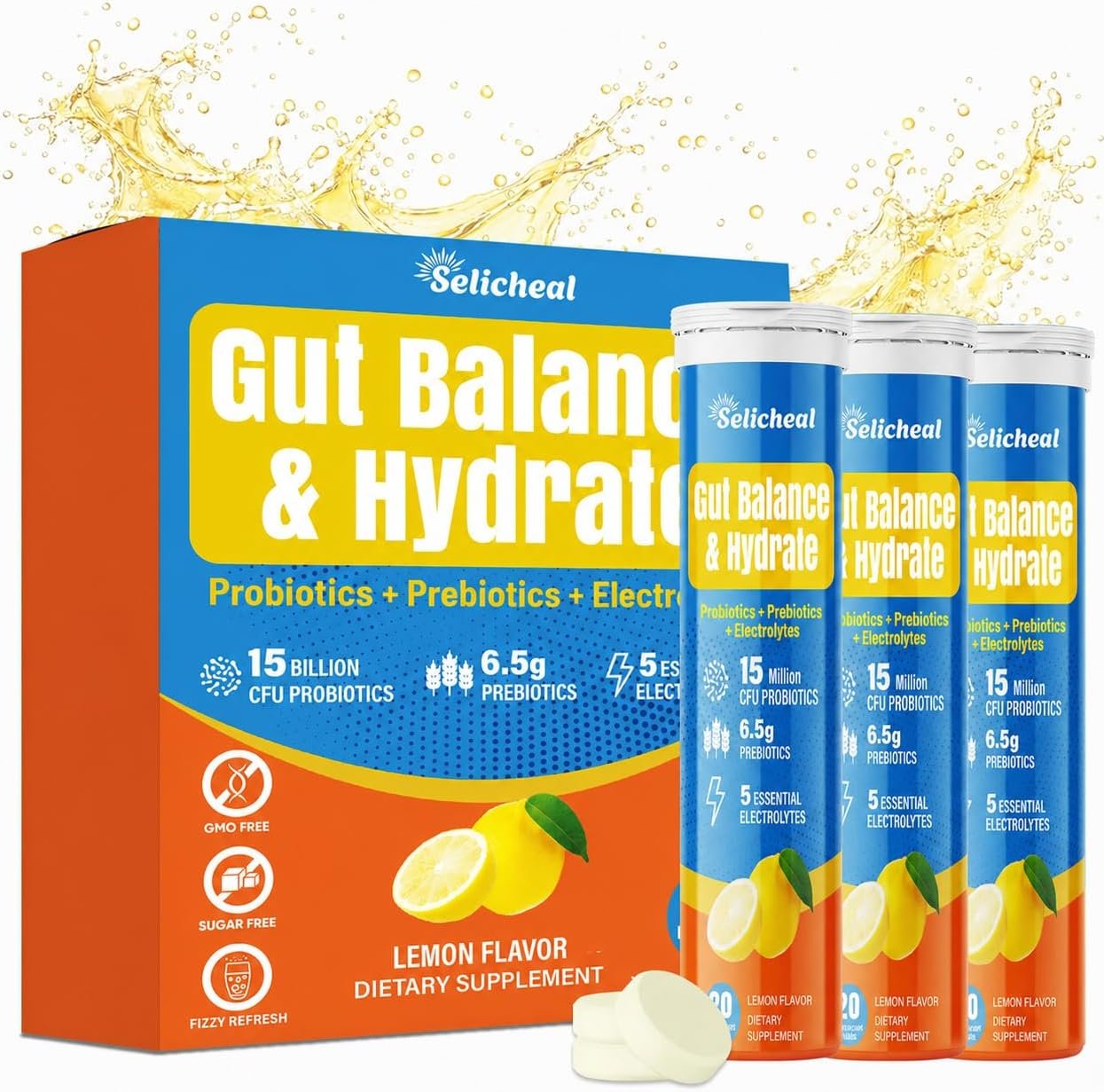 Electrolyte Tablets with Magnesium, Calcium, Potassium, Chloride & Sodium, Gut Health and Hydration, Fiber Supplement with Prebiotics & Probiotics, Sugar Free Lemon Flavor, Keto Friendly, 60 Tablets