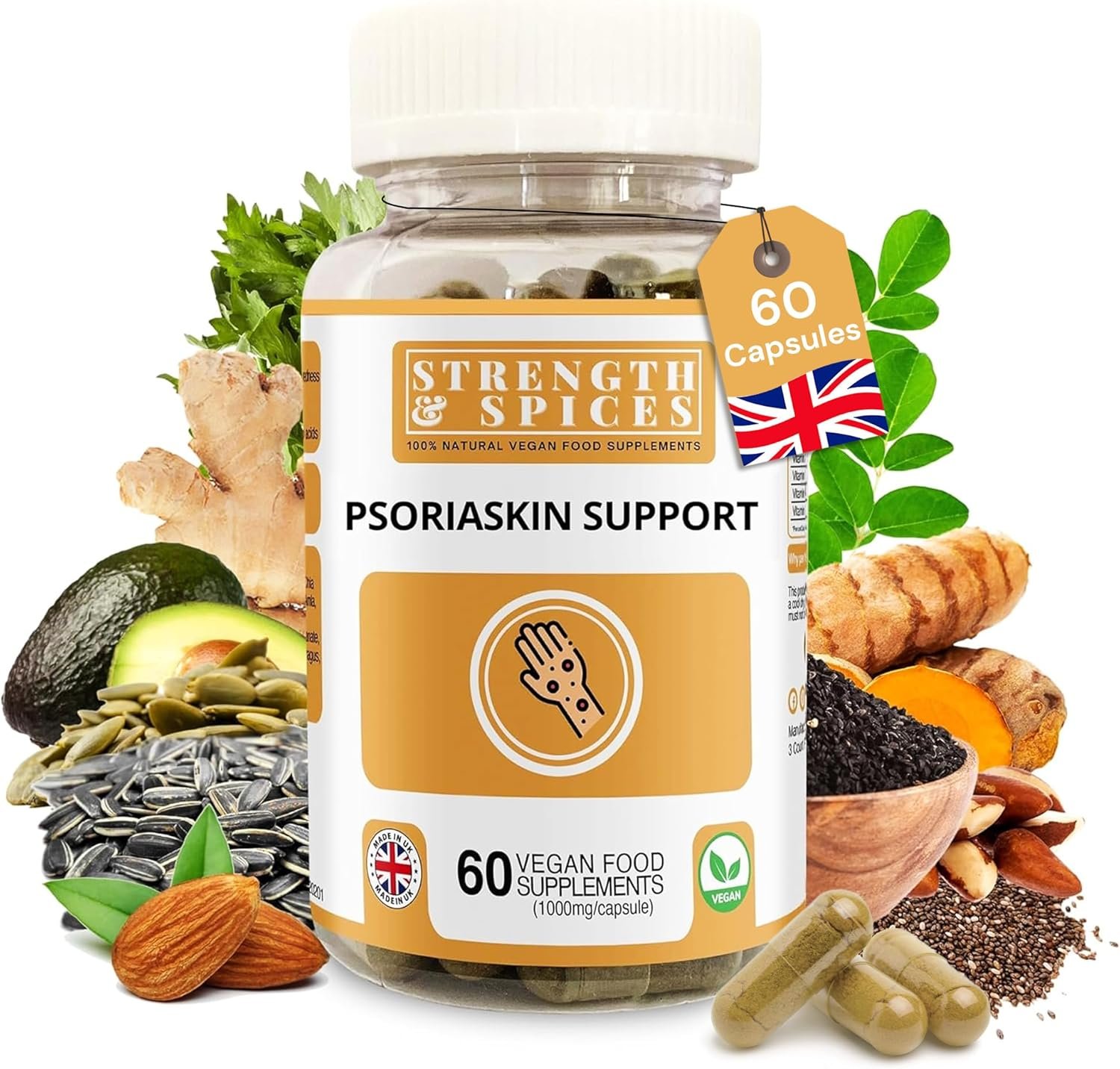 Strength & Spices Psoriaskin Skin Support Supplement for Dry, Itchy & Red Flaky Skin – Daily Nutrient Support – 31 Natural Ingredients – 60 Vegan UK Made Capsules, 1000mg