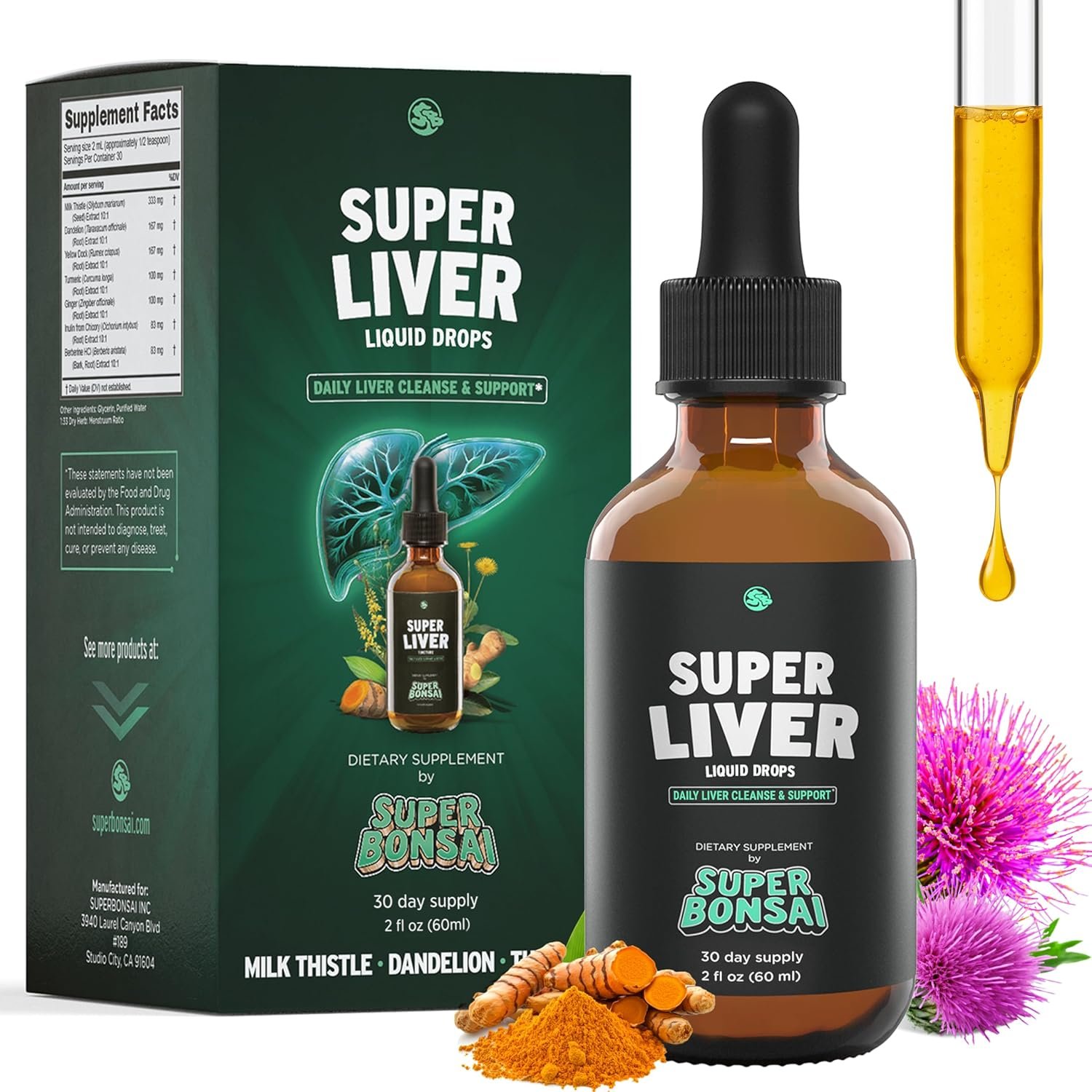 SuperBonsai Super Liver Support with Milk Thistle – All Natural Liver Cleanse Detox & Repair Aid – Doctor-Formulated Liver Supplement – Liquid Herbal Supplements for Liver Health – 1 Month Supply