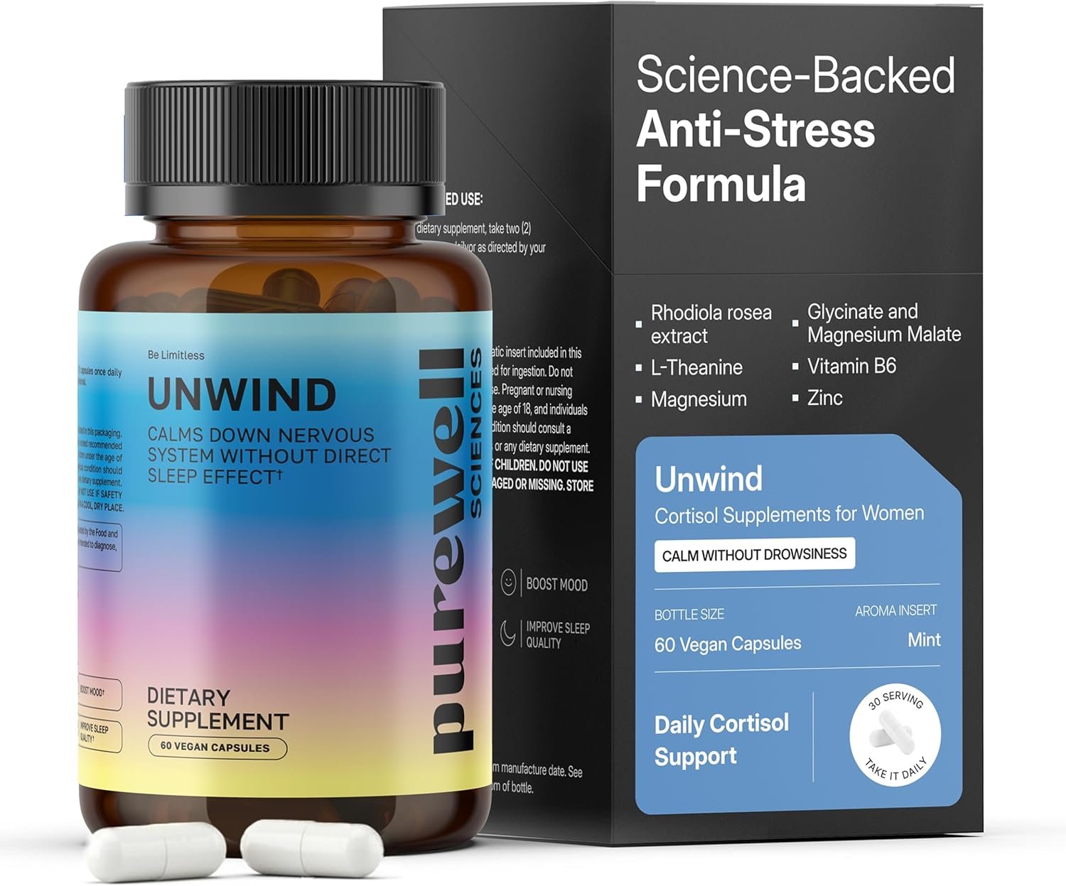 Unwind – Cortisol Supplements for Women – 60 Vegan Capsules – L Theanine Supplement + Magnesium + Rhodiola Rosea Extract + Zinc + Vitamin B6