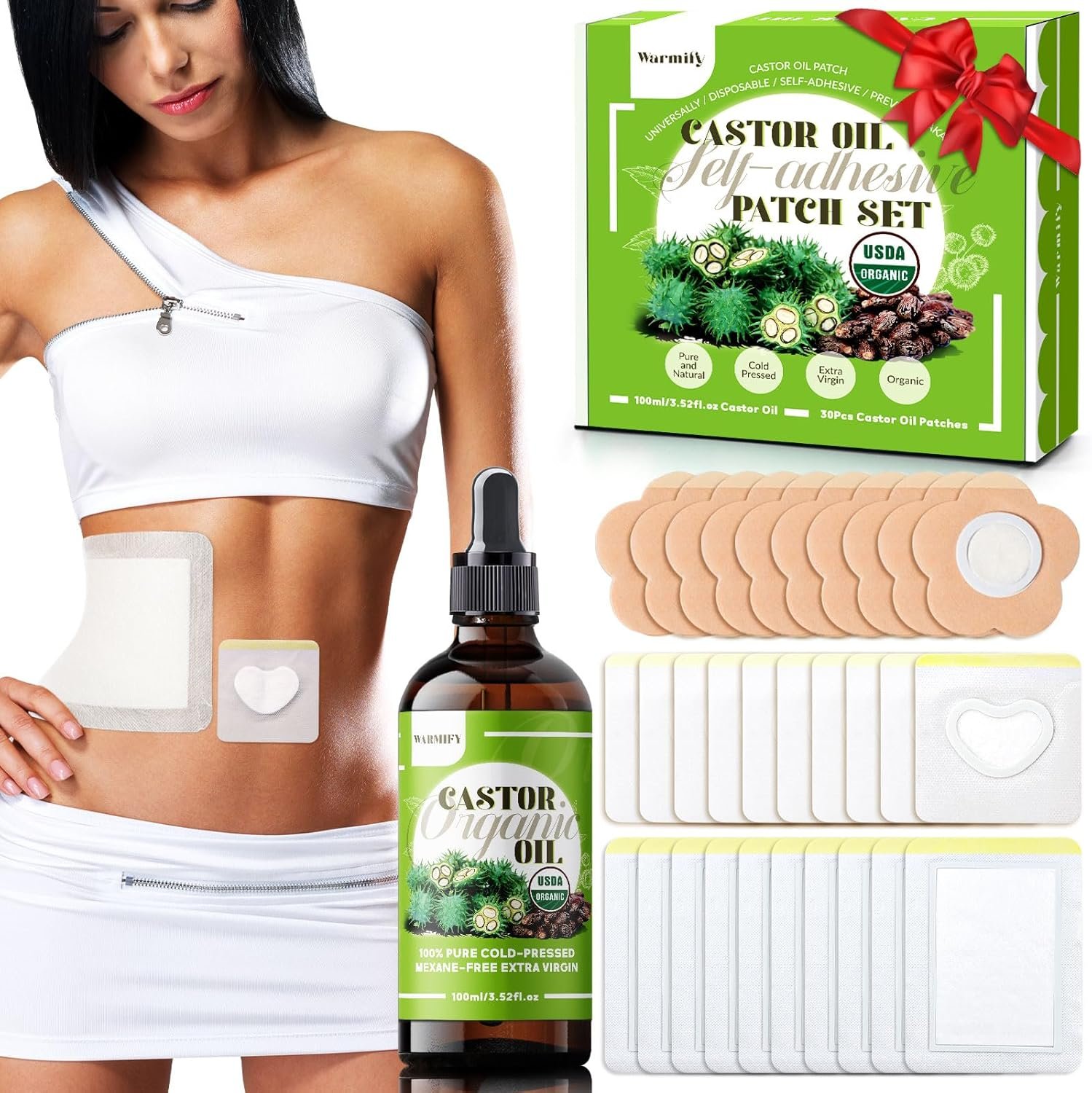 30 Pcs Castor Oil Patches with Castor Oil Organic Cold Pressed Unrefined Glass Bottle(3.5oz),Cotton Caster Oil Pack Wrap for Waist Back Neck Arm Belly,Self-Adhesive Disposable for Convenient Use
