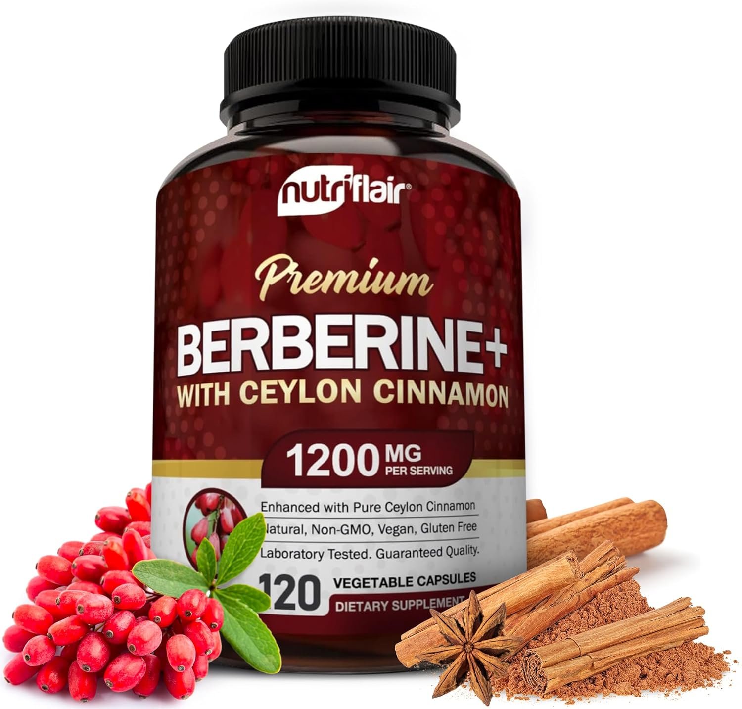 NutriFlair Premium Berberine HCL 1200mg, 120 Capsules – Plus Pure True Ceylon Cinnamon, Berberine HCI Root Supplements Pills – Immune System – Made in USA