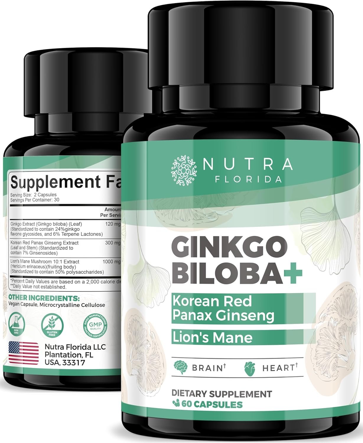Ginkgo Biloba Supplements 120mg with Korean Red Ginseng 300mg & Lion’s Mane Mushroom 1000mg Vegetarian Capsules Non-GMO & Gluten Free Natural Brain Supplement for Memory, Focus & Cognitive Support