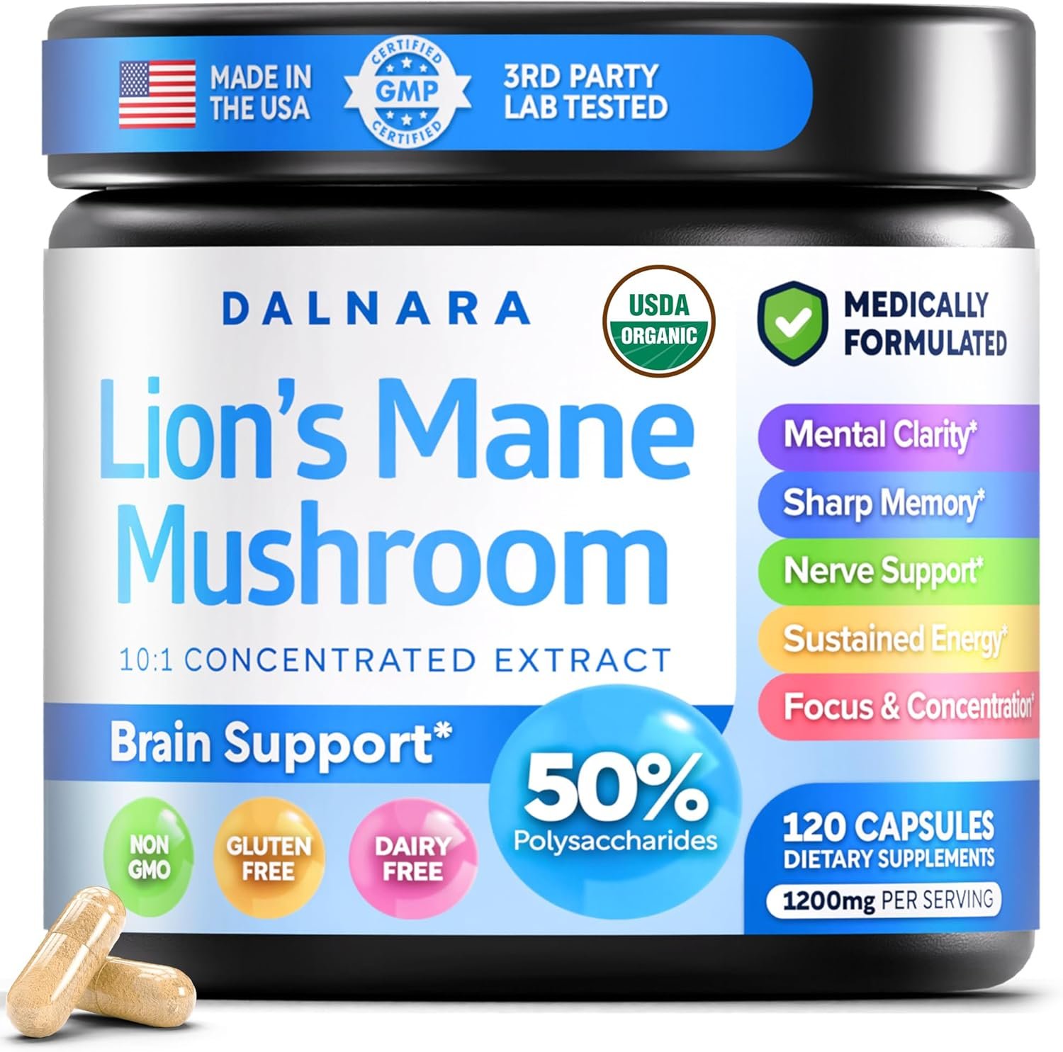 USDA Organic Lion’s Mane Mushroom Capsules 1200mg, 120 Count (60-Day Supply) – Natural Mushroom Supplement for Memory, Focus & Cognitive Support