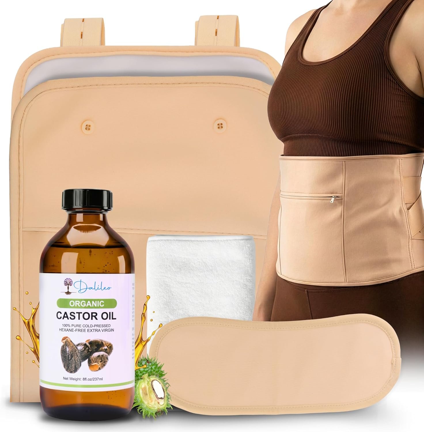 Dalileo Organic Castor Oil Pack Wrap Kit – 8oz Cold Pressed Oil with Abdominal & Neck Wraps + Flannel – Supports Relaxation, Comfort, Better Sleep & Everyday Self-Care – Reusable Organic Cotton Design