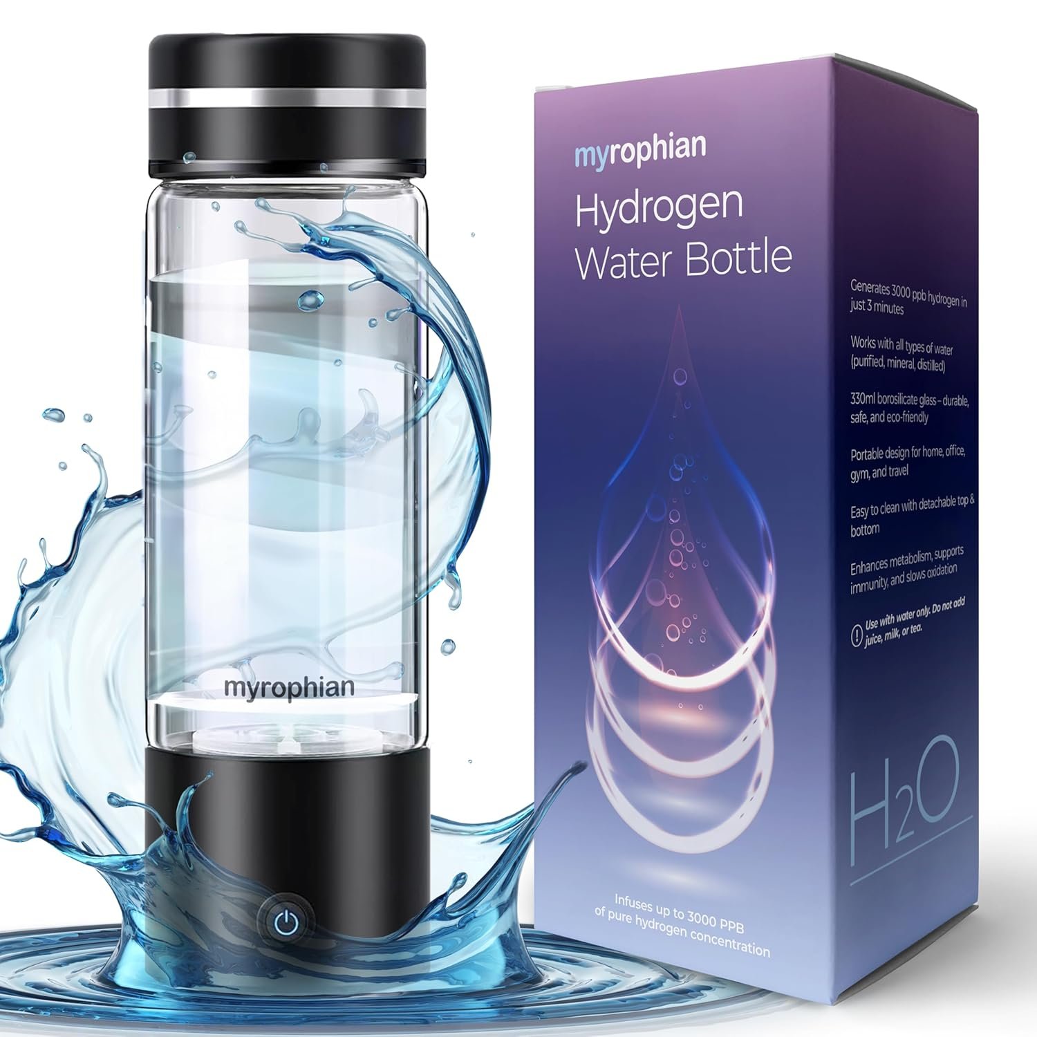 Hydrogen Water Bottle Generator – Molecular Water Machine Ionizer Up to 3000 PPB & SPE/PEM Technology, Kangen Smart Water Bottle and Boosted Oxygen