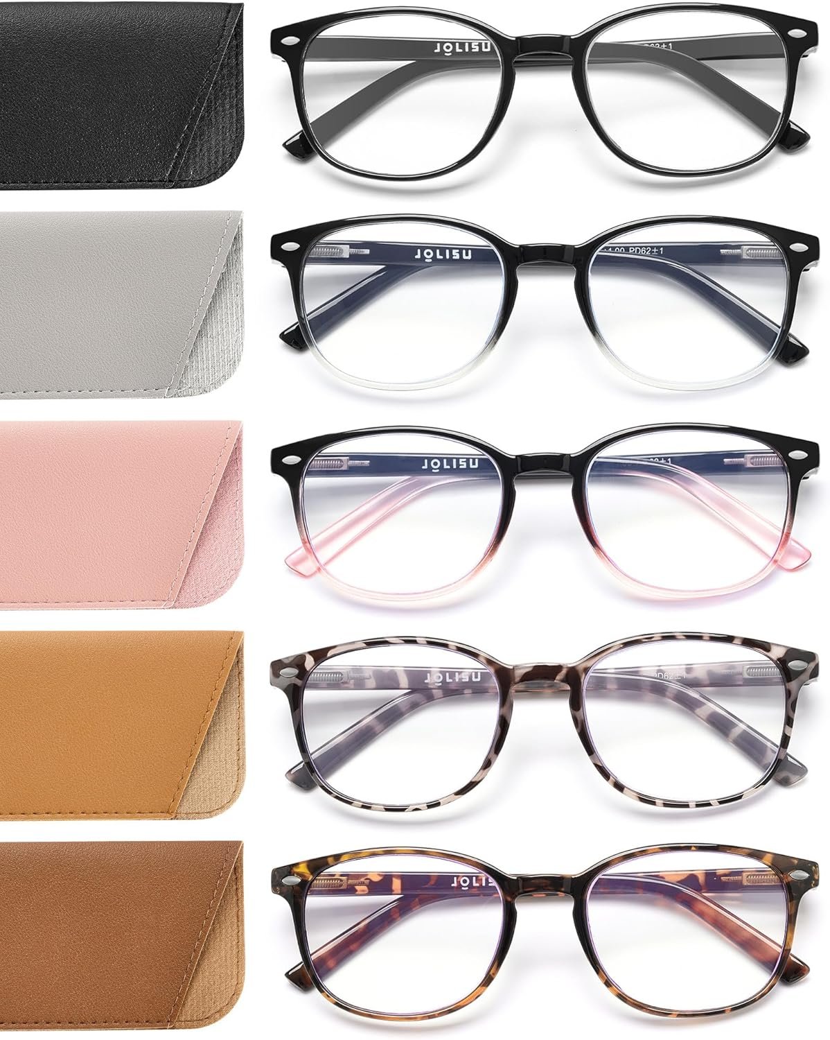 JOLISU 5 Pack Reading Glasses For Women, Blue Light Blocking Computer Reader Spring Hinge Eyeglasses