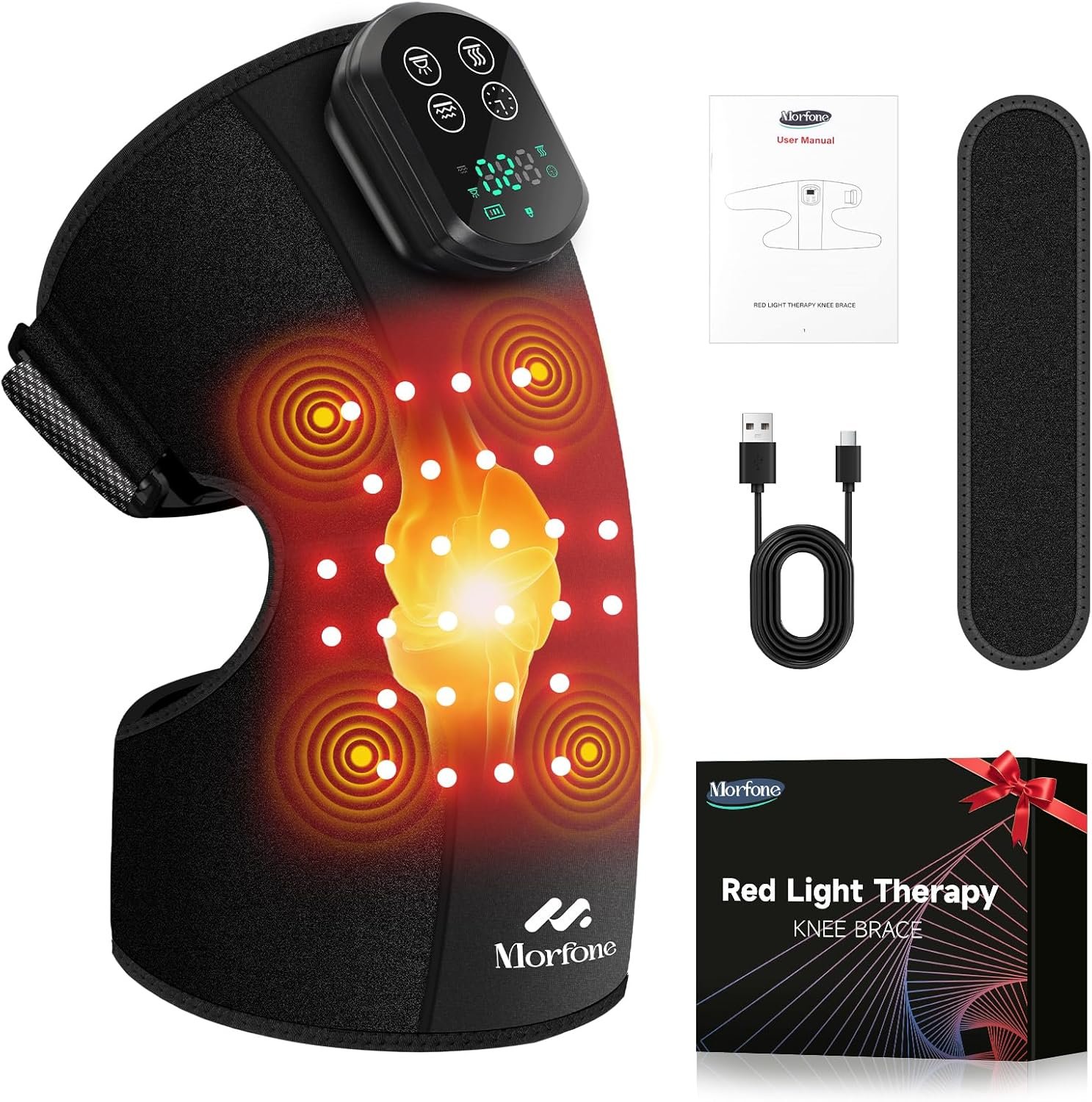 Morfone Red Light Therapy Device for Knee,3 Vibration Modes and 4 Heating Levels,5000mAh Wireless Rechargeable, 660nm and 850nm Infrared Red Light Therapy for Knee,Gifts for Women Men