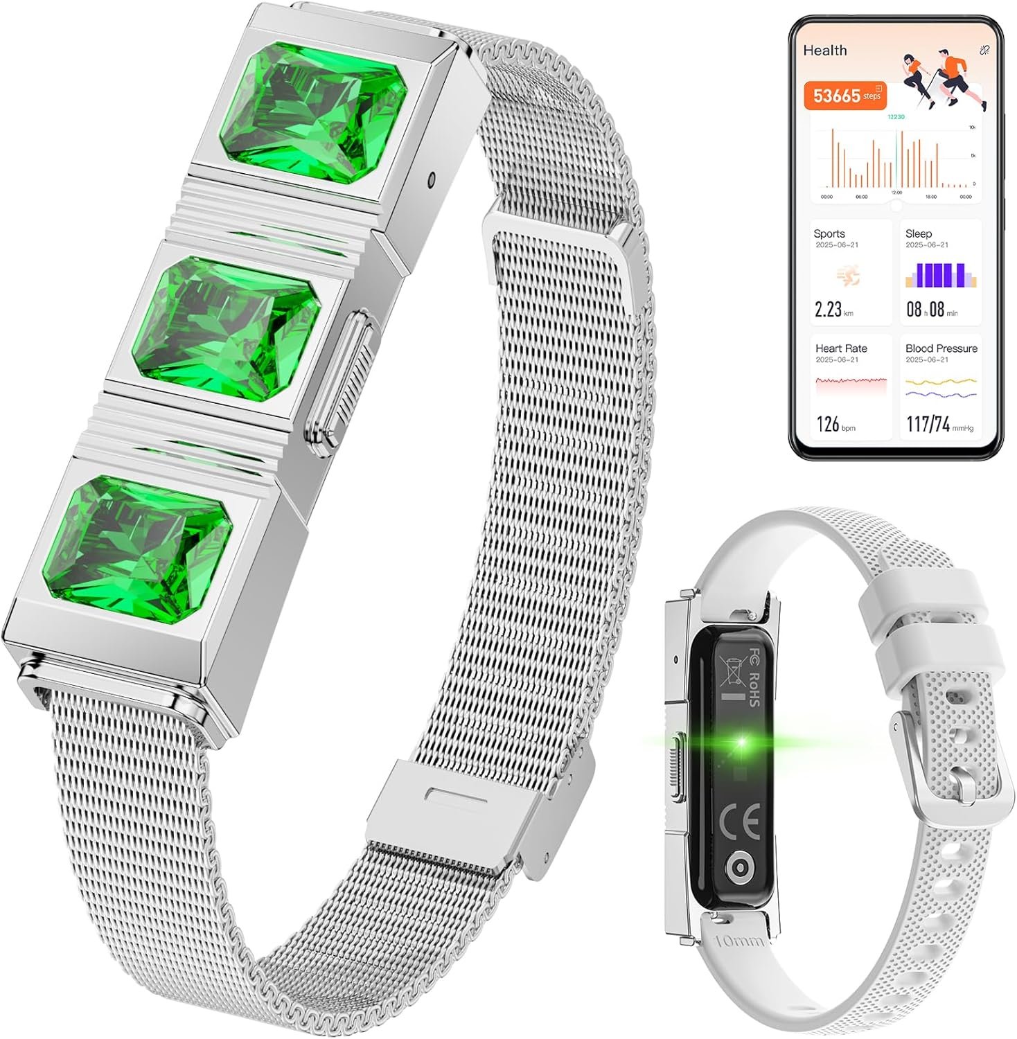 Mingtawn Women’s Smart Bracelet with 2 Bands, Health Fitness Tracker, 24/7 Heart Rate/Blood Oxygen/HRV/Sleep Monitor, Fashion Emerald Wristband with Message/Call Reminder Free Subscription (Silver)