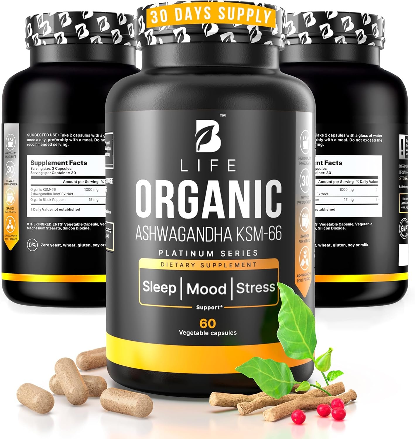 Organic Ashwagandha KSM-66 1000 mg Supplement | Adaptogen for Cortisol Support & Stress Relief | Mood, Calm & Sleep Aid for Men & Women | Ashwagandha ritual vitamins for women | 60 Vegan Caps
