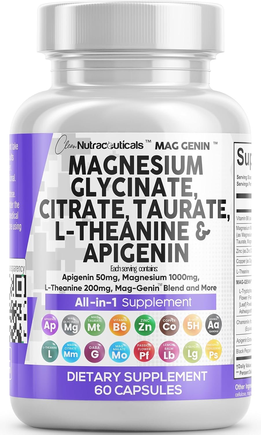 Clean Nutraceuticals Magnesium Glycinate Complex 1000mg with L-Theanine 200mg Apigenin 50mg Citrate Taurate Supplement – 5-HTP GABA Passion Flower Lemon Balm L-Glycine Phosphatidylserine – 60 Count