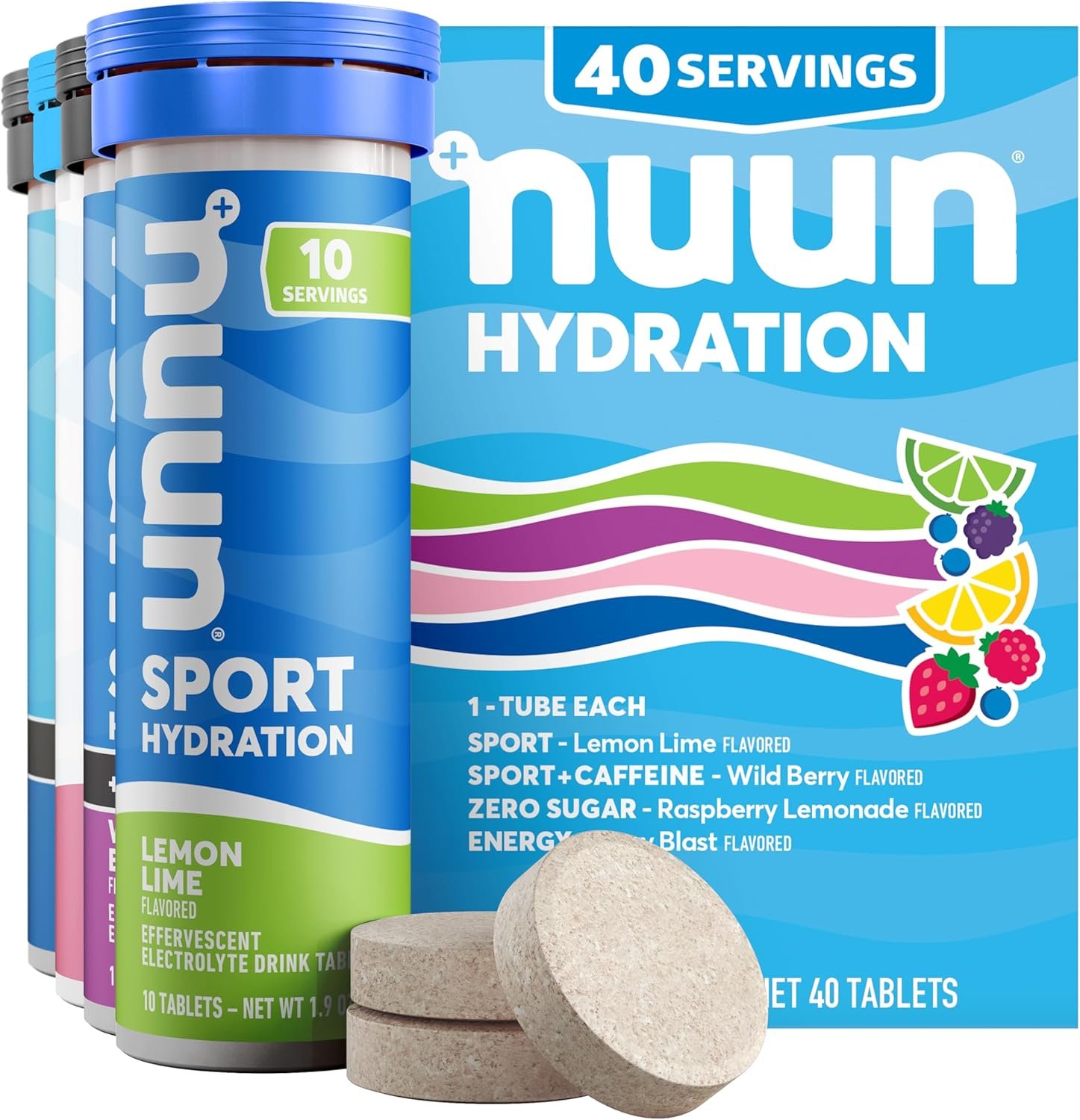 Nuun Hydration Electrolyte Tablets – Sodium, Potassium, Chloride, Calcium, Magnesium, 1g & 0g Sugar Drink Mix | Vegan, Gluten Free, Non-GMO | Complete Pack, Mixed Flavors, 4 Pack (40 Total Servings)