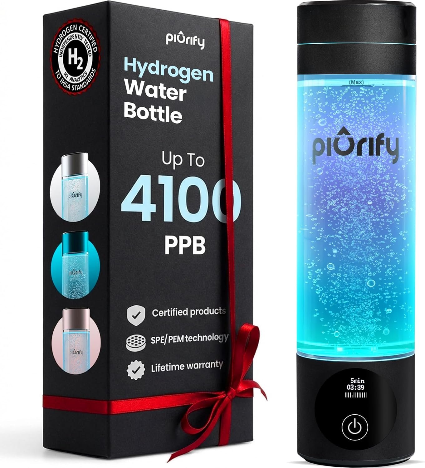 PIURIFY Hydrogen Water Bottle Generator – Up to 4100+ PPB in 10 Minutes | Molecular Hydrogen with SPE/PEM Technology | Certified H2 Generator | Rechargeable | Extended Warranty | 10 oz (Black)