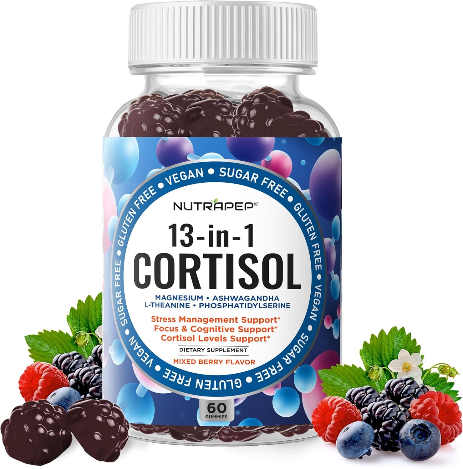 NutraPep Cortisol Gummies for Women Men – 13-in-1 High Cortisol Reducer with Ashwagandha Magnesium L-theanine Rhodiola Rosea – Daily Cortisol Detox Manager for Stress Focus Support – Vegan Sugar Free