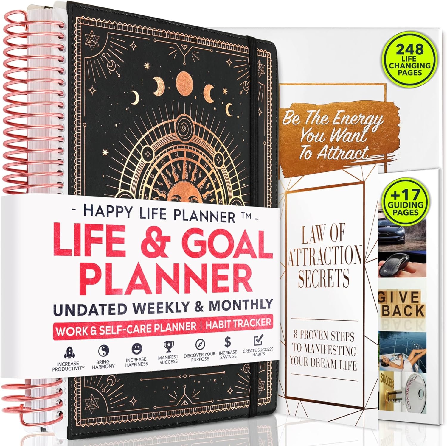 Manifestation Journal – Hourly, Weekly & Monthly Planner | 12-Month to Increase Productivity, Life Organizer & Goal Planner | Spiral Journal, Habit Tracker, Foldable Vision Board, Gift Box & Stickers