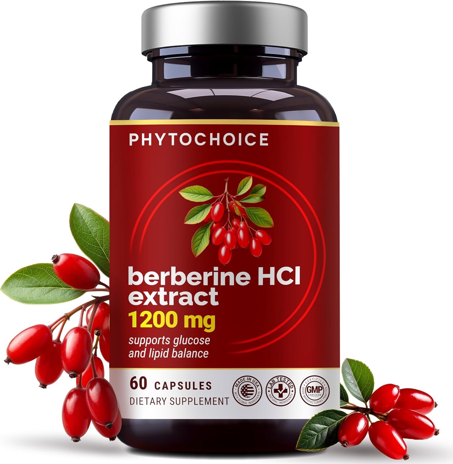 Pure Berberine HCl 1200mg – High Absorption Berberine Supplement for Metabolic Health, Advanced Glucose Metabolism Support, Digestive & Gut Balance, Cellular Energy, Vegan, Non-GMO, Made in USA