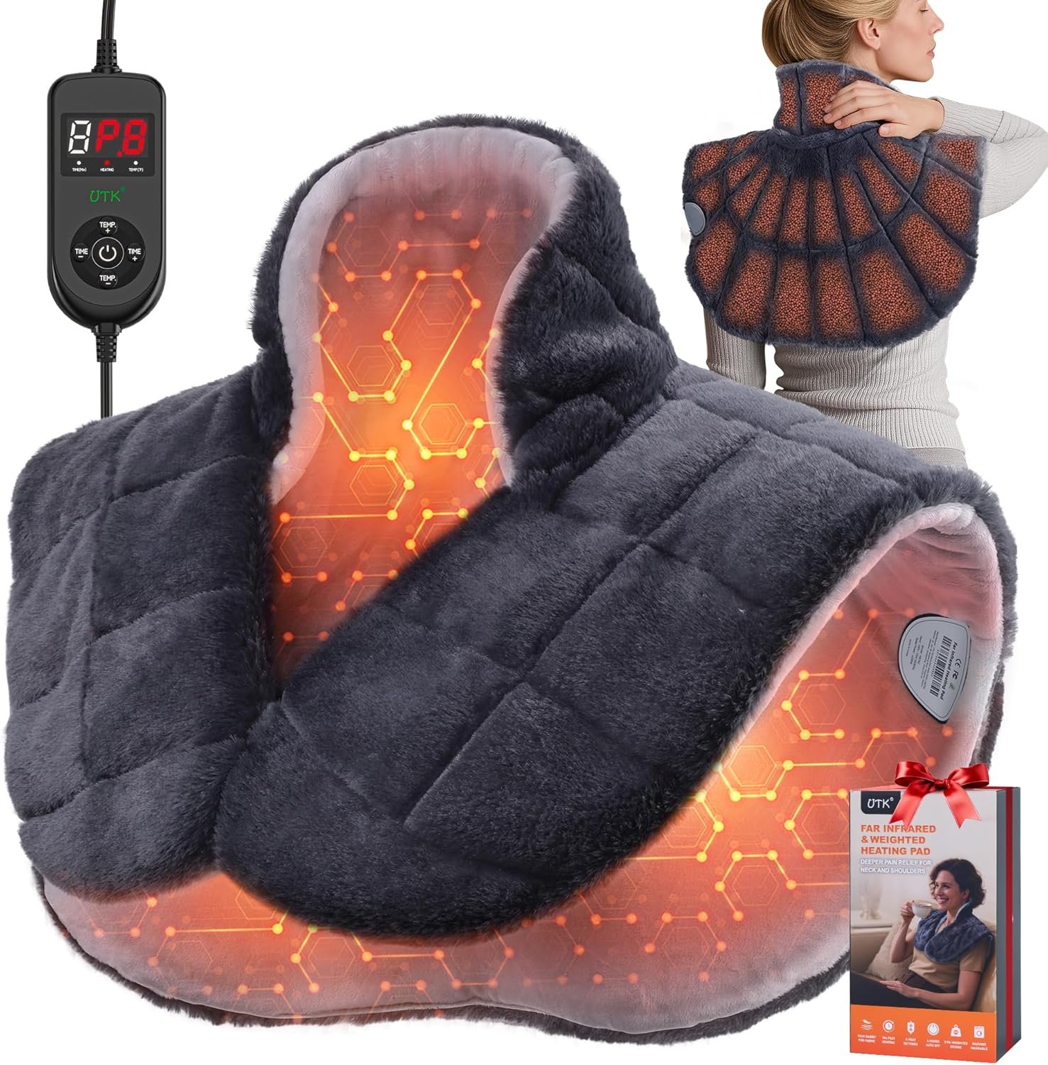 UTK 30s Fast Heating Pad for Neck Shoulder and Back, 6X Deeper Pain Relief Weighted Far Infrared Heating Pads, 8 Heat Options Max 159℉, 16 Auto Timer, 24″x20″ Extra Large, Gifts for Women, Men (Grey)