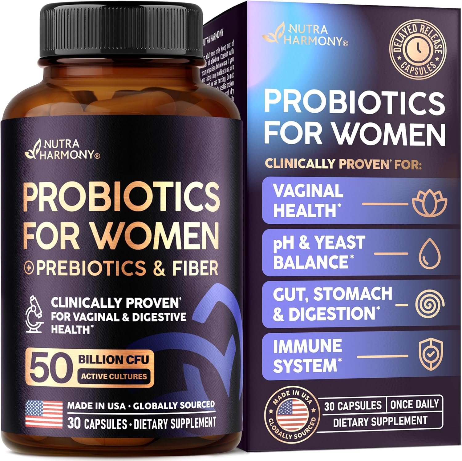 Probiotics for Women 50 Billion CFU – Vaginal Probiotics Clinically Proven for Yeast & pH Balance – Digestion & Bloating Relief – 8 Strains + Prebiotics – Delay Release – Made in USA, 30 Capsules