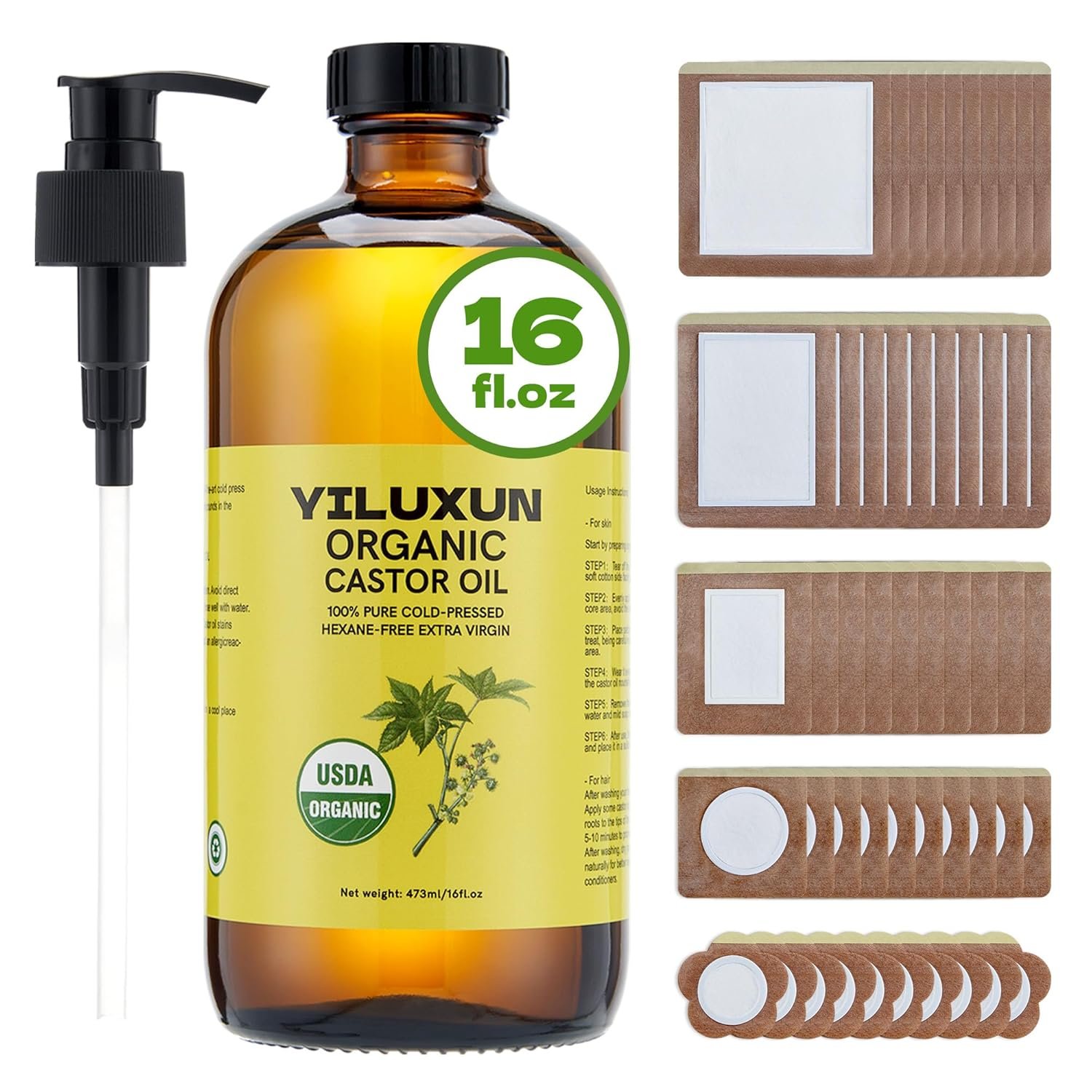 50Pcs Castor Oil Pack Wrap with 16oz castor oil Organic Cold Pressed Unrefined Glass Bottle,Disposable Castor Oil Patches for Belly Button,Stomach,Knee,Feet,Entire Body