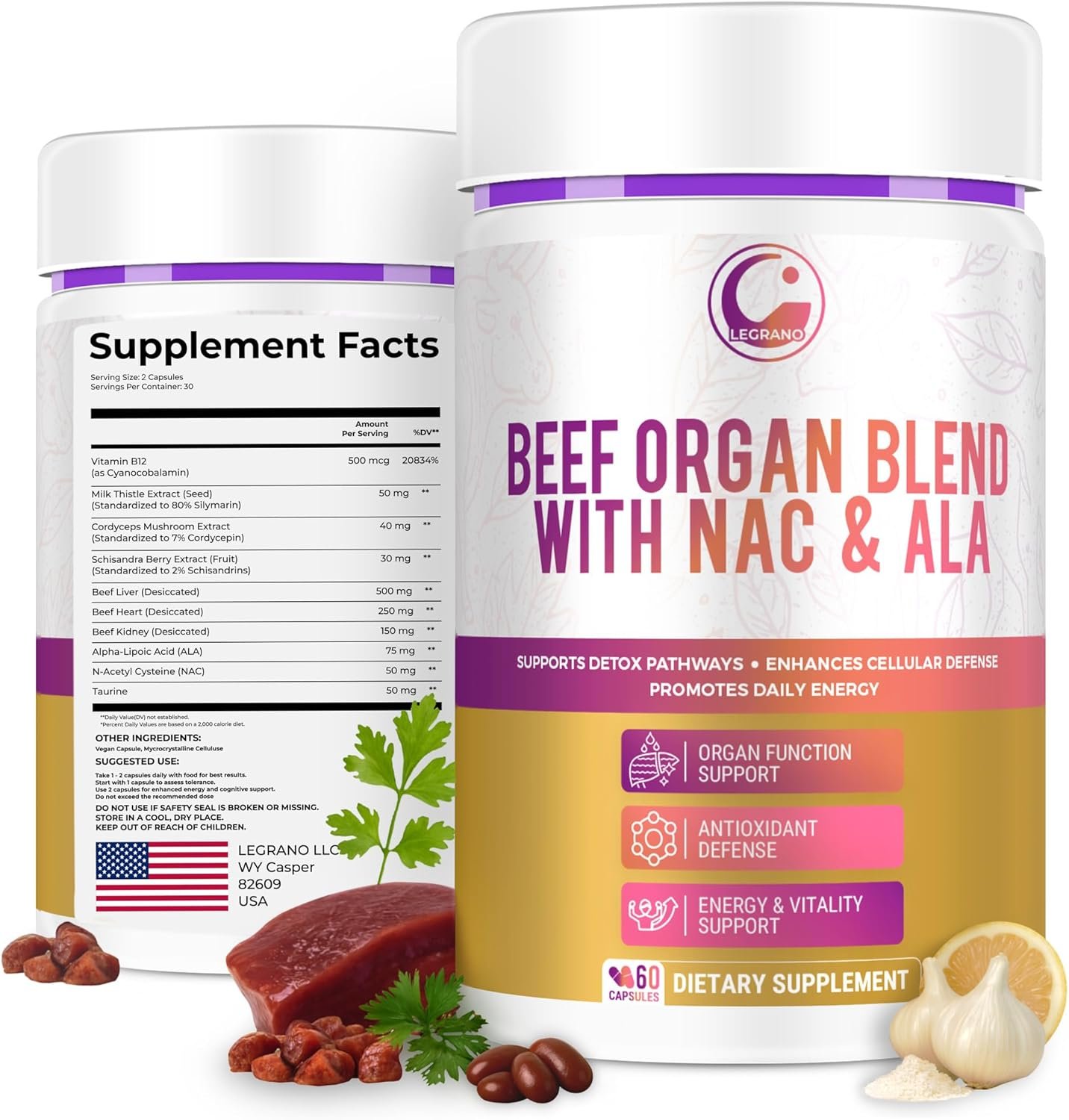 LEGRANO Grass Fed Beef Liver Capsules with Beef Heart, Kidney, NAC, ALA & Milk Thistle – Desiccated Organ Supplement for Men & Women – Supports Energy, Detox, Liver & Immune Health – 60 Capsules