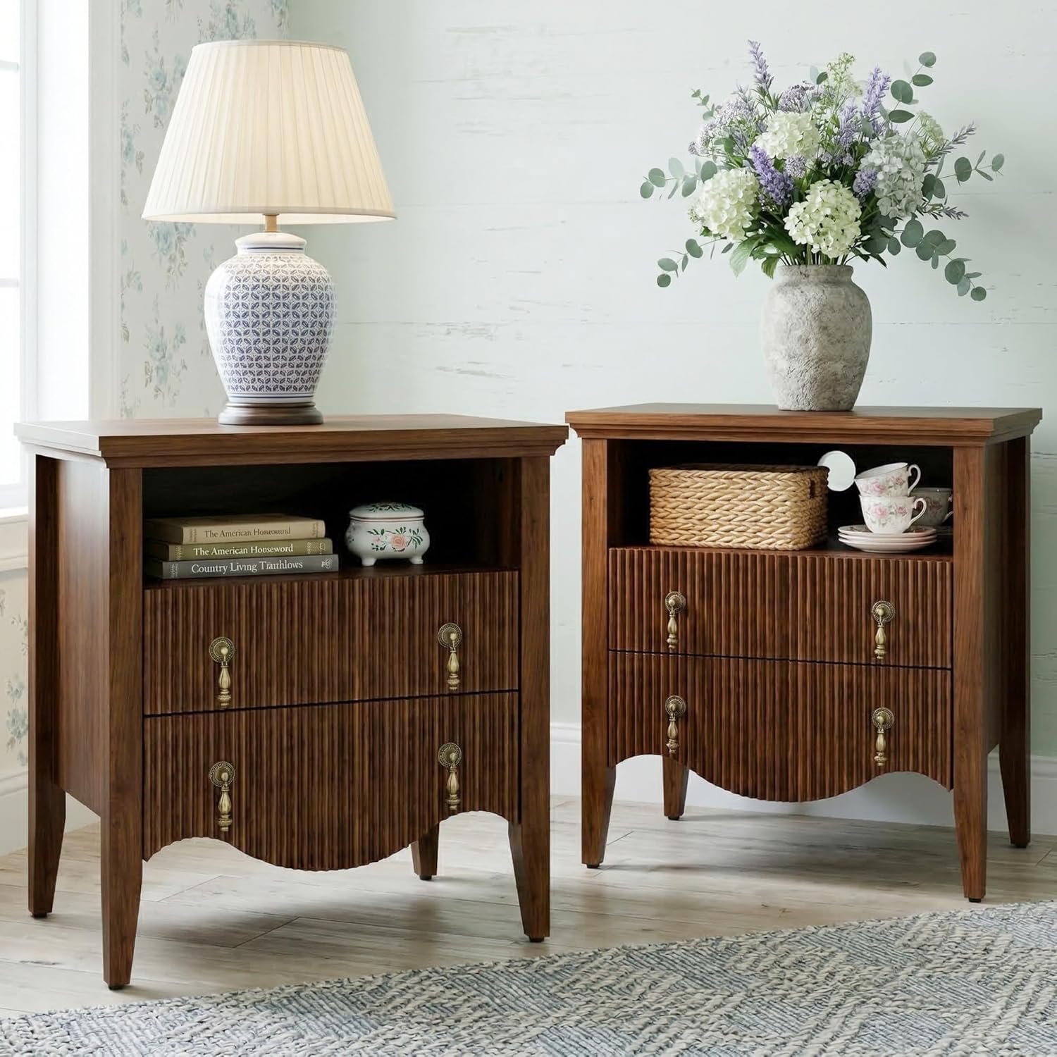 FUSUNBAO Set of 2 Nightstand with Charging Station, Vintage Bedside Table with 2 Fluted Drawers and Open Shelf, Rustic End Table with Power Outlet and USB Ports for Bedroom, Walnut