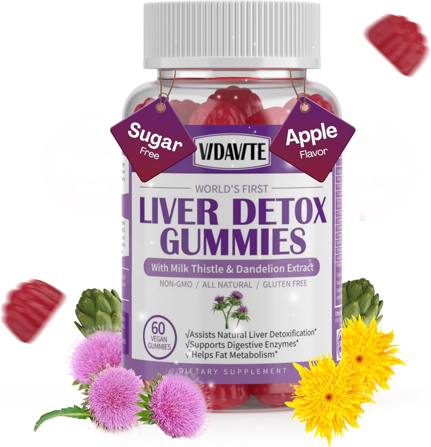 VIDAVITE Liver Cleanse Detox & Repair Gummies — Sugar-free, US-Made, 1500mg Milk Thistle Supplement with Artichoke, Dandelion and 20+ Herbs — Liver Support Supplement for Men & Women(60 Vegan Gummies)