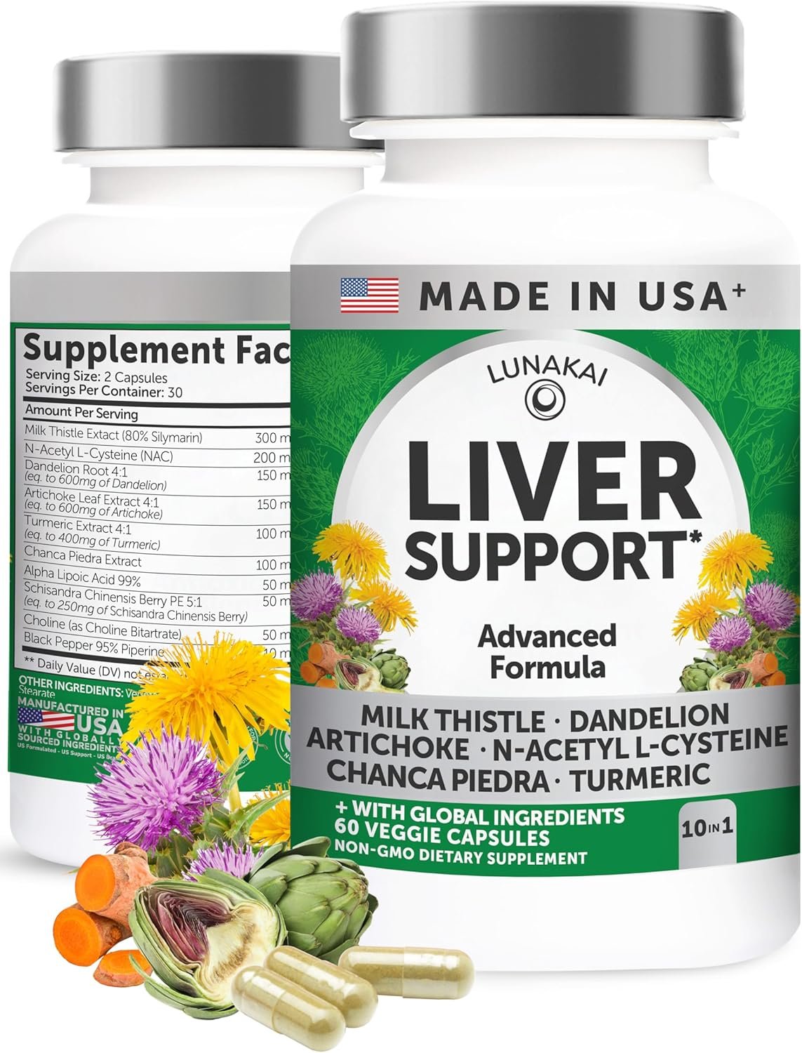 Lunakai USA Made Liver Cleanse Detox & Repair – 10-in-1 with Milk Thistle & NAC – Liver Support Supplement Capsules for Men & Women, Daily Health, Non-GMO, 60ct