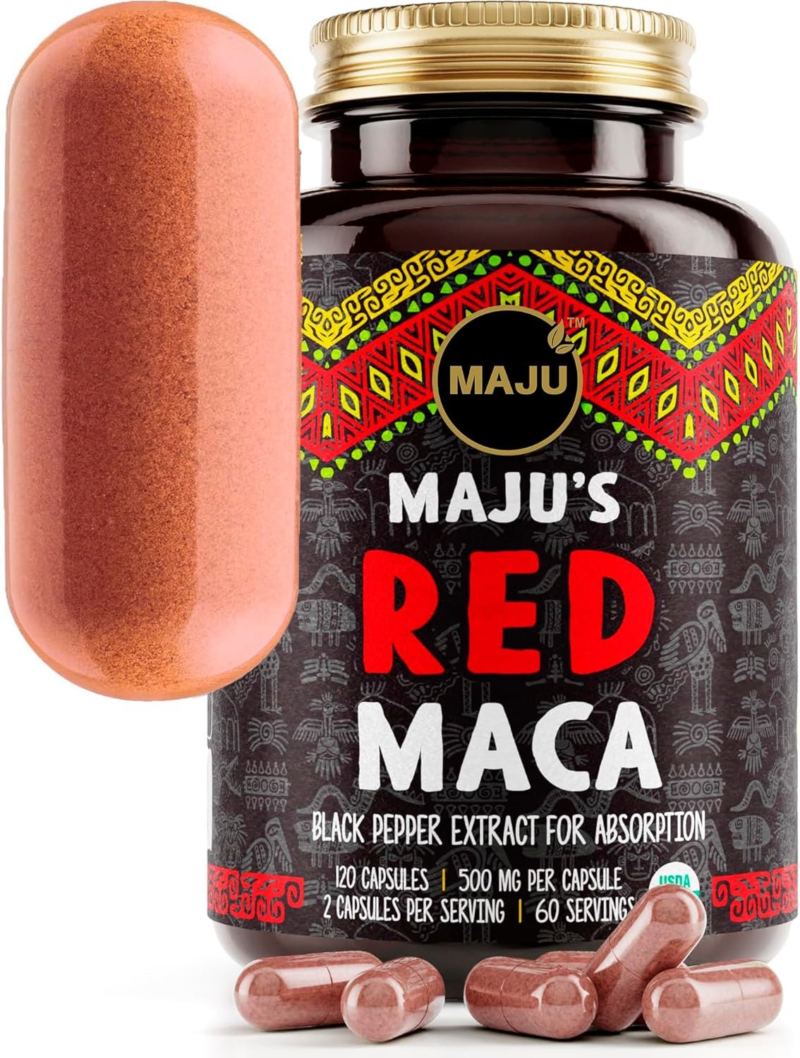 Maju Superfoods Organic Red Maca Root Capsules 120ct – Women Focused Curve Enhancement Nutrition Booster Pills, Gain for Thighs, Powder in Pill Supplement