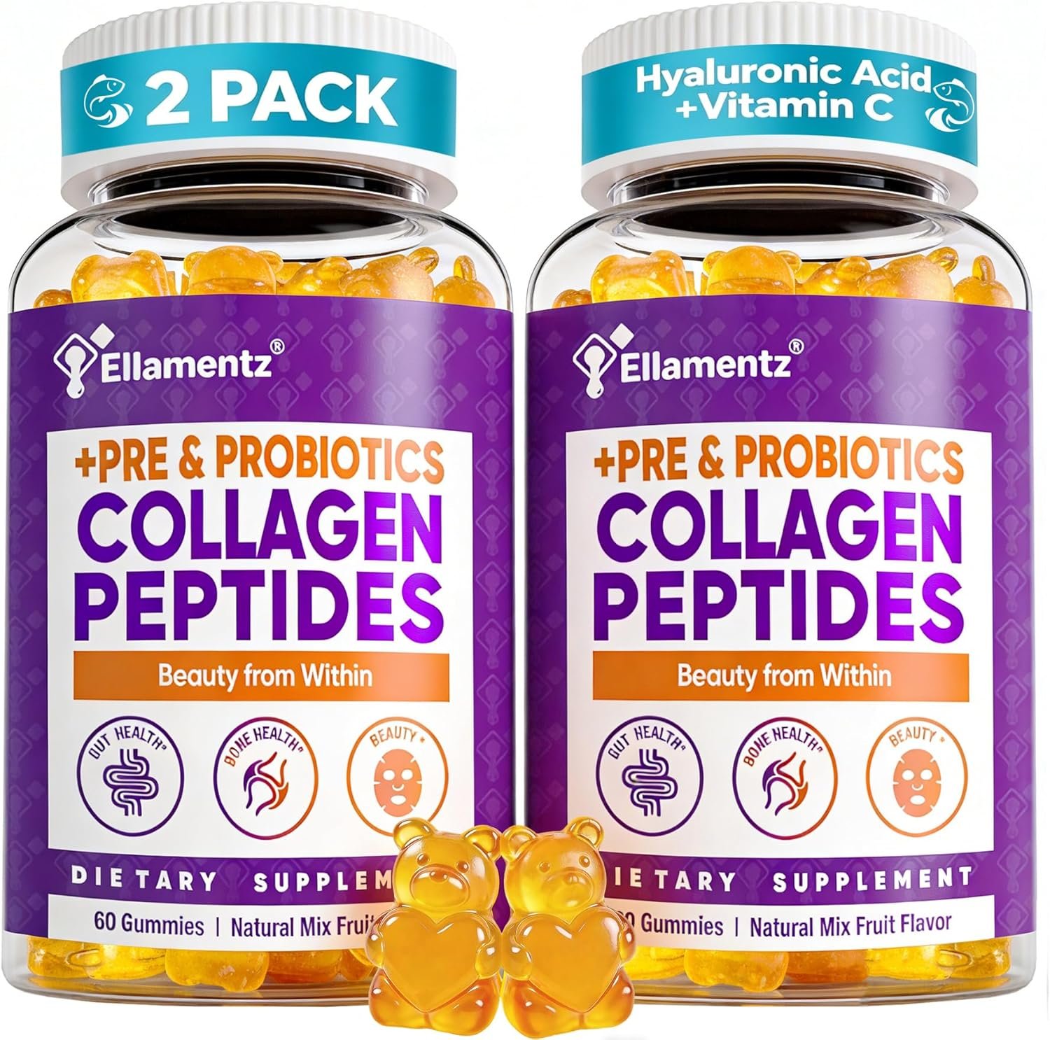 Marine Collagen Gummies for Women – Sustainably Sourced Hydrolyzed Collagen Peptides, Probiotics,Hyaluronic Acid, Vitamin C Supplement for Hair Skin Nail | Pescatarian-Friendly | Sugar Free | 2 Pack