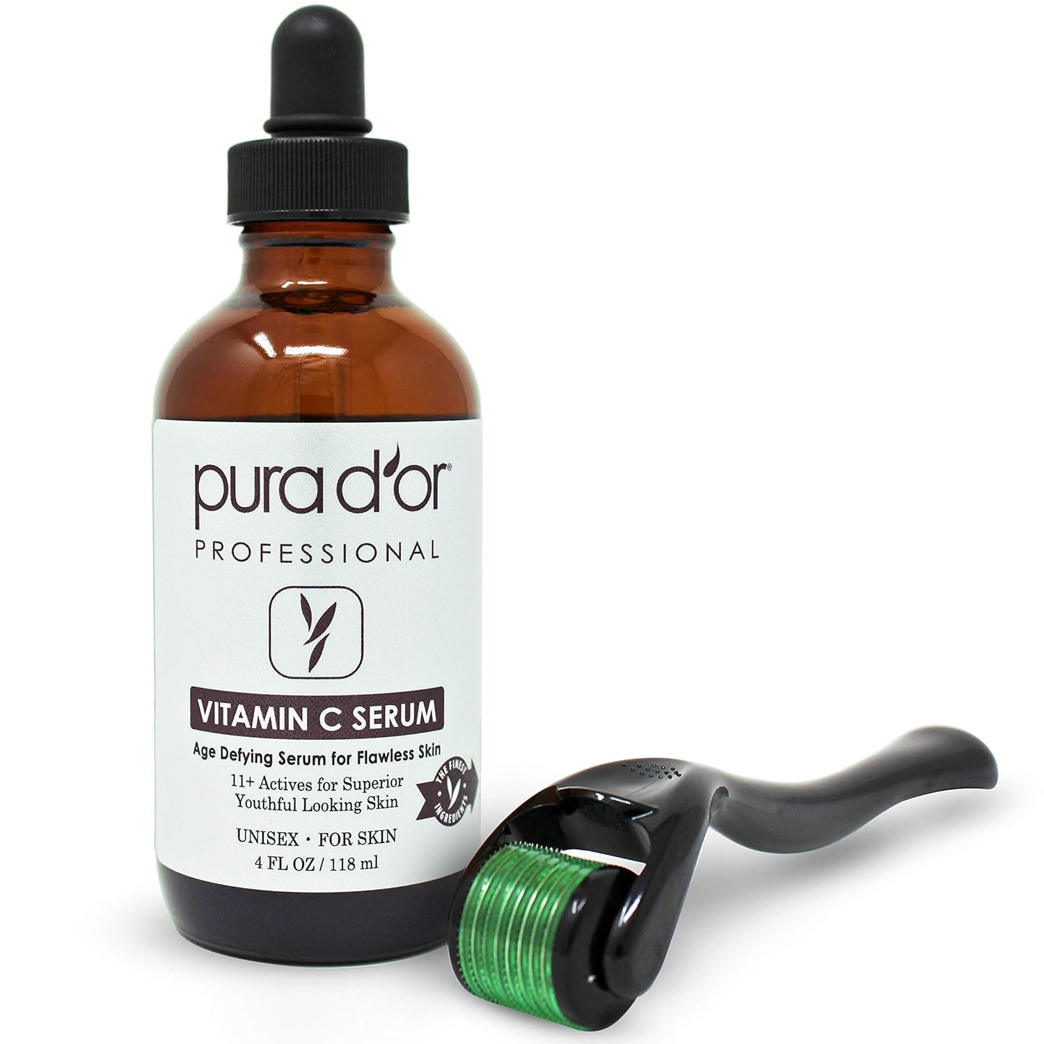 PURA D’OR 25% Vitamin C Serum 4 Oz + 0.25mm Derma Roller Set – Hyaluronic Acid & Retinol Microdermabrasion Skin Care Cosmetic Kit For Face & Eyes, Dark Spots – For Men & Women