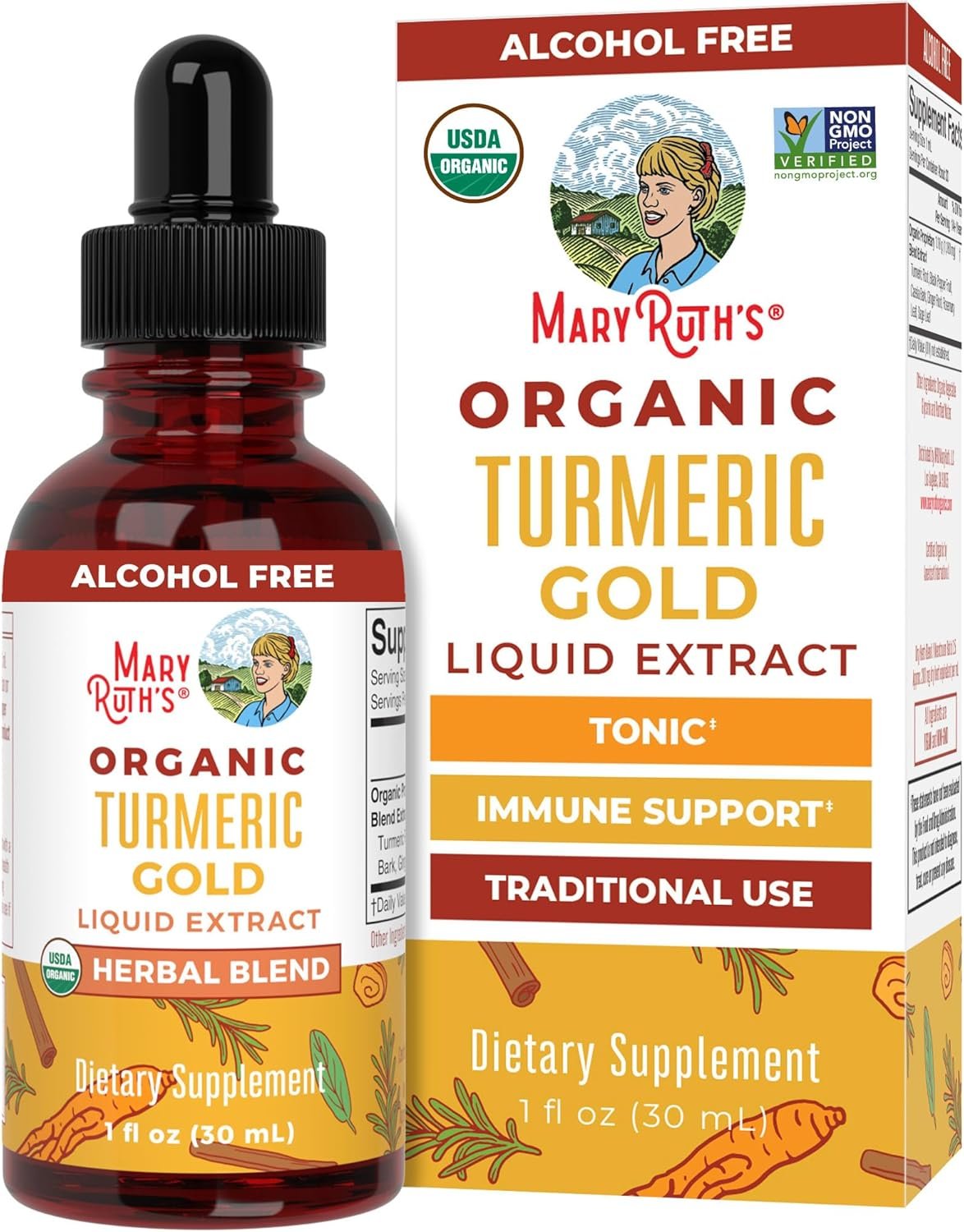 MARYRUTH’S Organics USDA Turmeric Gold Liquid Drops | Herbal Blend | Turmeric Curcumin | Black Pepper | Cassia Cinnamon Bark | Ginger Root | Immune Support | Non-GMO Project Verified | Vegan | 1oz