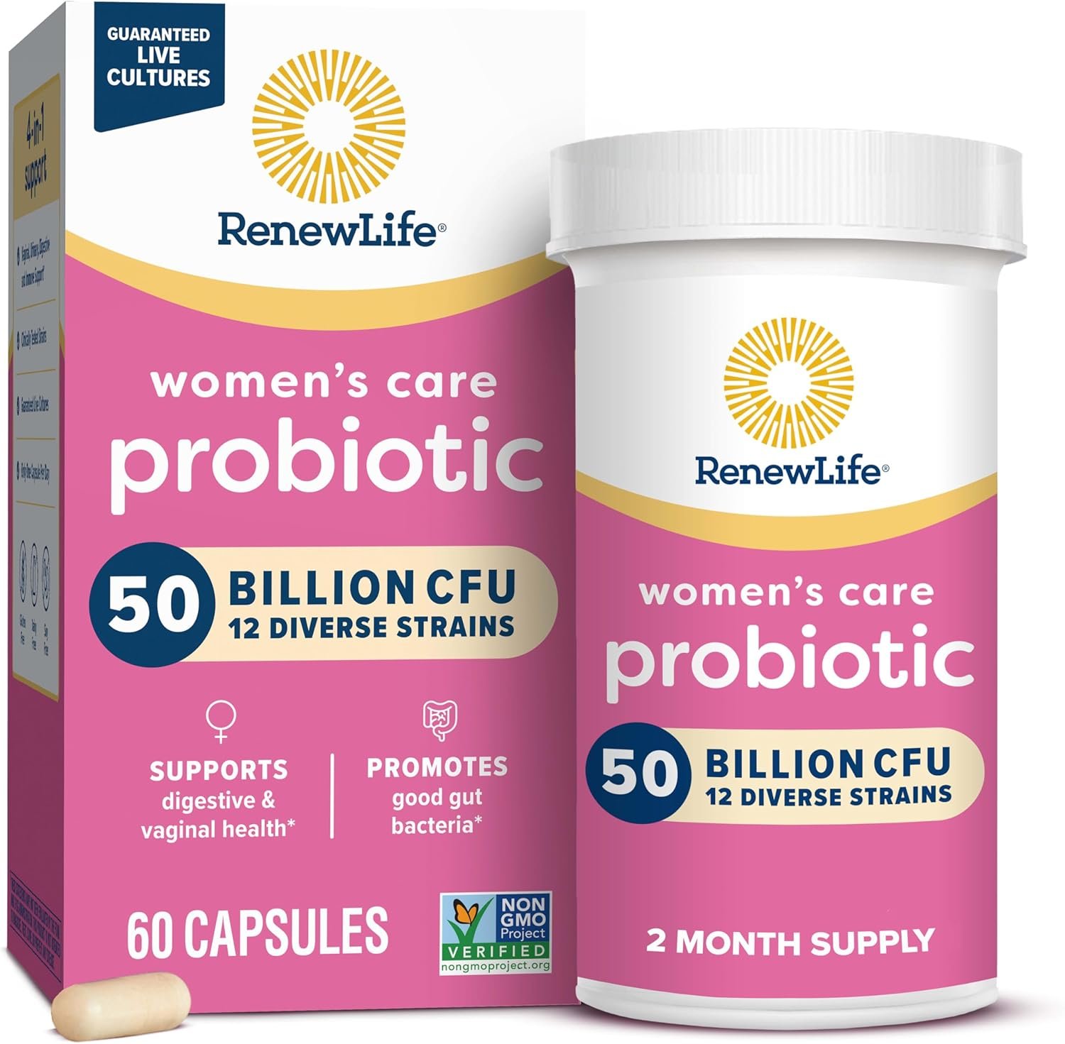 Renew Life Women’s Probiotic Capsules, 50 Billion CFU Guaranteed, Supports pH Balance, Vaginal, Urinary, Digestive and Immune Health(2), L. Rhamnosus GG, Dairy, Soy and Gluten-Free, 60 Count
