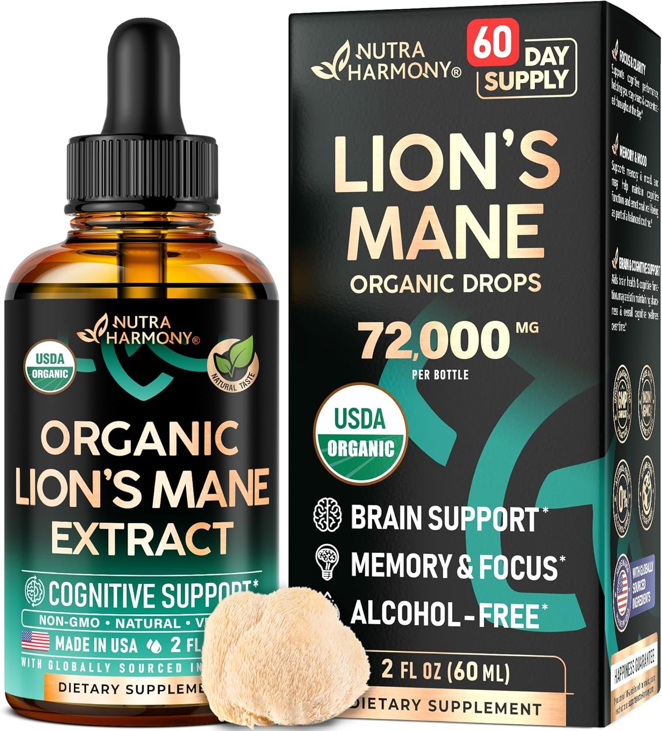 Lions Mane Liquid – USDA Certified Organic Lions Mane Supplement – Brain Support, Energy, Memory & Focus – Sugar & Alcohol-Free Lion’s Mane Mushroom Extract 72,000 mg / Bottle, 2 Fl OZ, 2 Month Supply