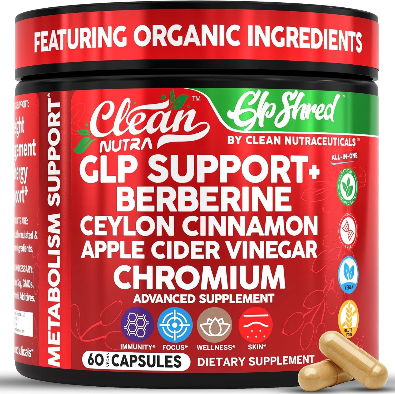 GLP1 Supplement Berberine Ceylon Cinnamon Apple Cider Vinegar Chromium Turmeric Gut Health Digestive Balance 60 Vegan Capsules by Clean Nutra