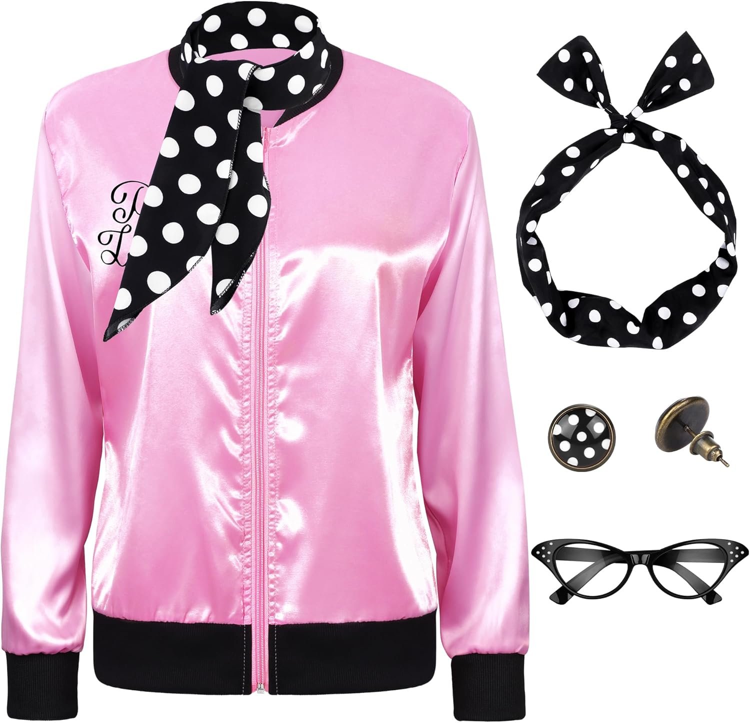 SOMSOC 5 Pieces 1950s Women Pink Satin Jacket with Polka Dot Scarf Headband Earrings Eye Glasses Halloween Party Costume Set