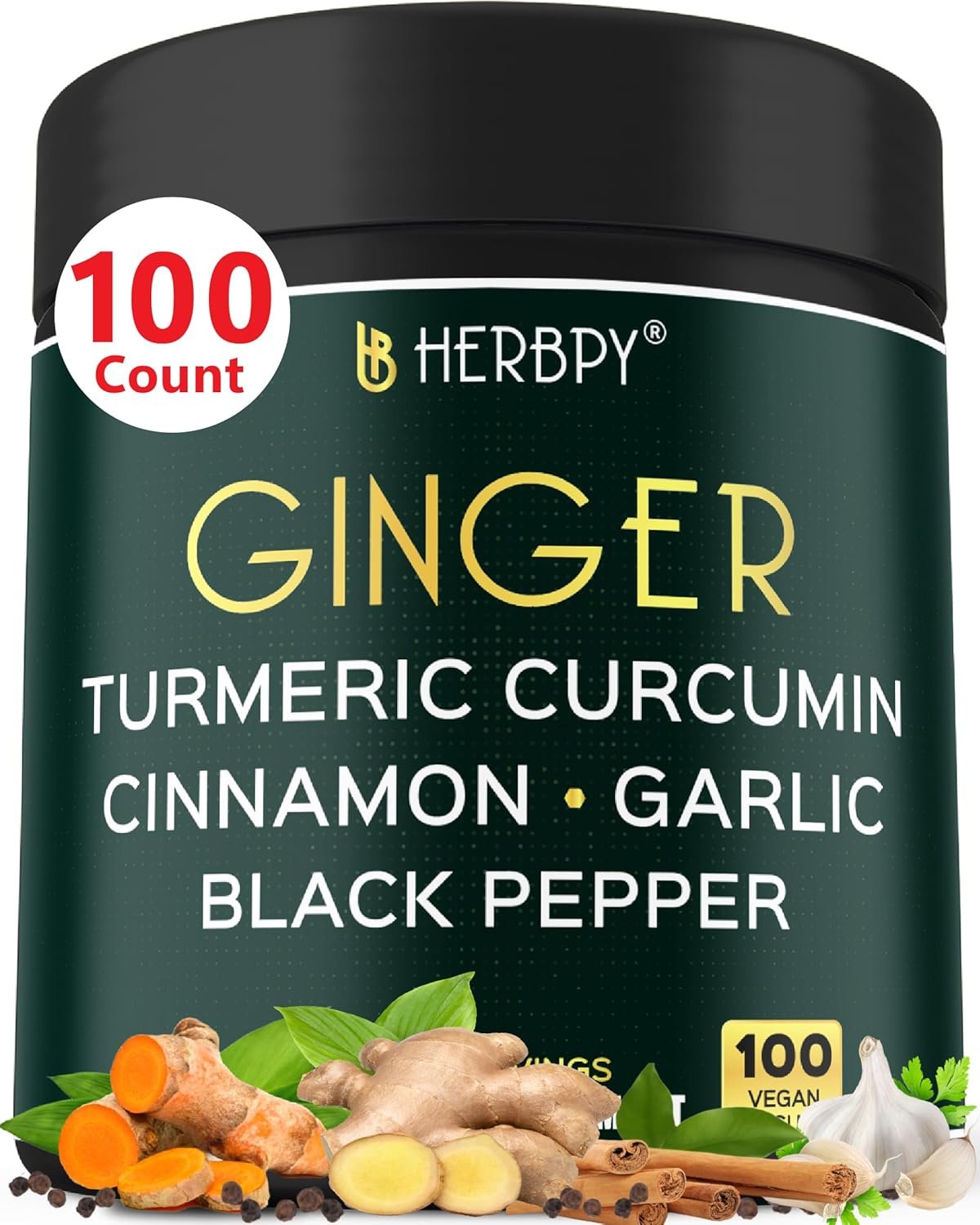 Herbpy 5in1 Ginger and Turmeric Supplements with Ceylon Cinnamon, Garlic – Digestion, Immune, Brain & Heart Health Support – 100 Ginger Capsules